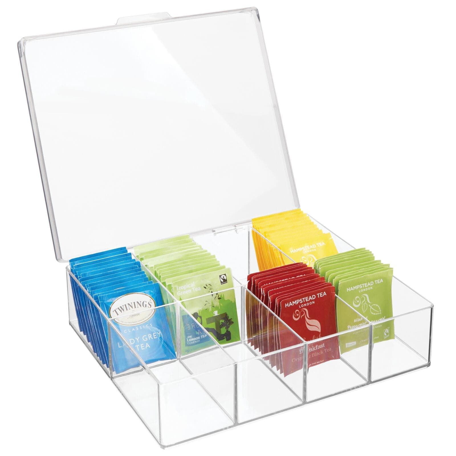 mDesign Kitchen Organiser — Practical Storage Tray with Built-In Handle for Kitchen and Pantry — Storage Box with 8 Compartments Ideal for Tea, Coffee, Spices and Other Foodstuffs — Clear