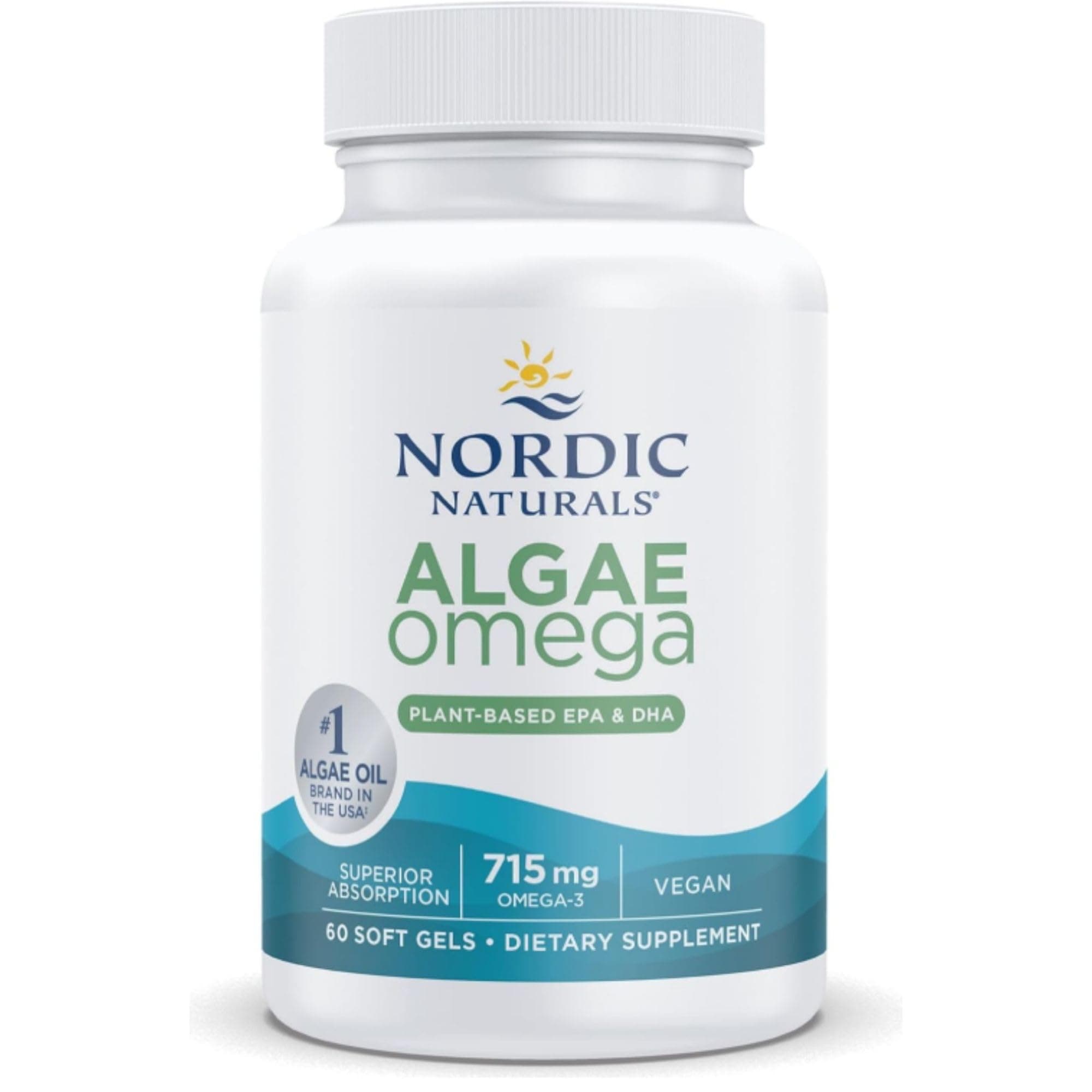 Algae Omega, 715mg Vegan Omega 3 Capsules from Algae Oil, with EPA and DHA, 60 Omega 3 Vegan Softgels, Vegetarian, Soy-Free, Gluten-Free