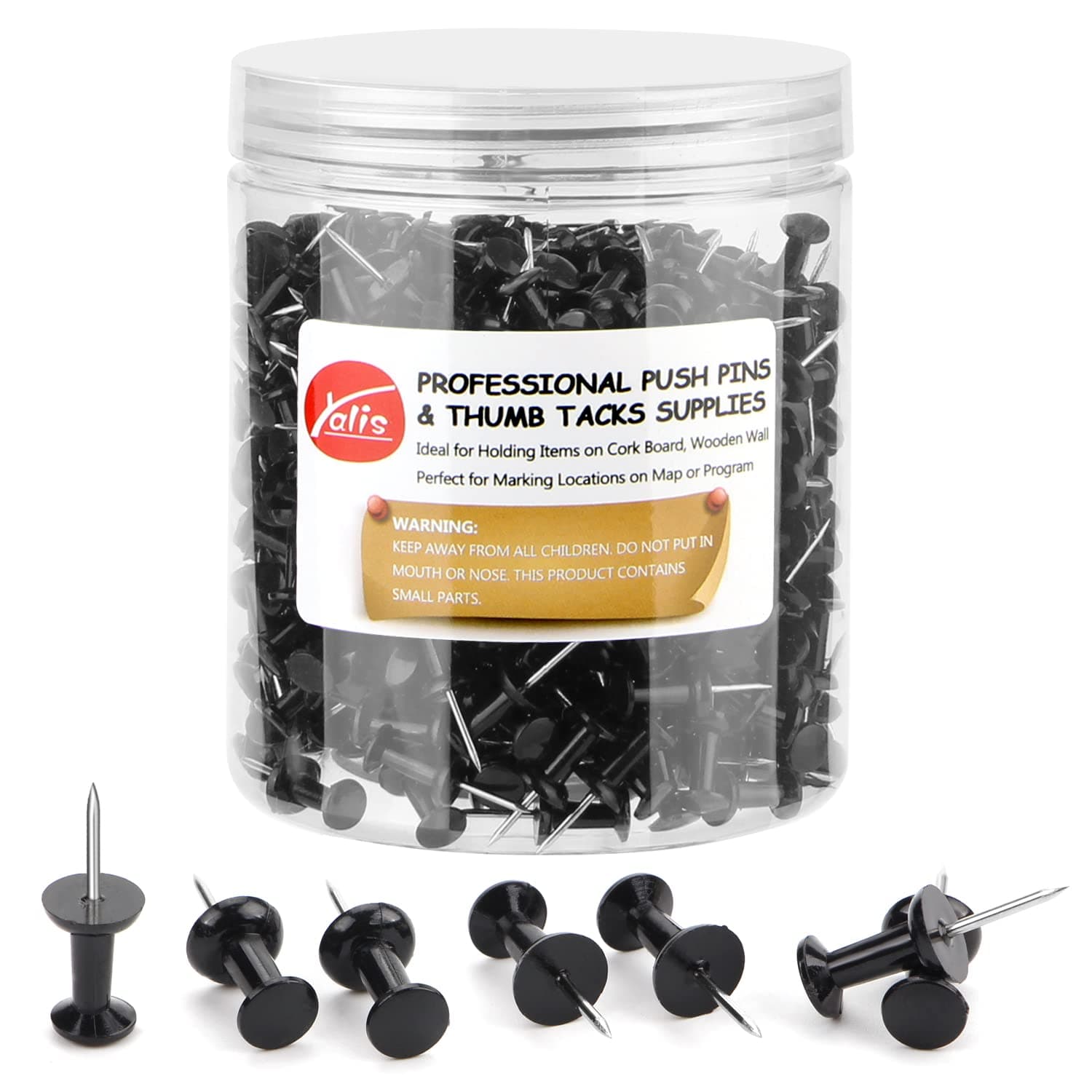 Yalis Black Push Pins 600 Count, Standard Dark Thumb Tacks for Corkboard Bulletin Board
