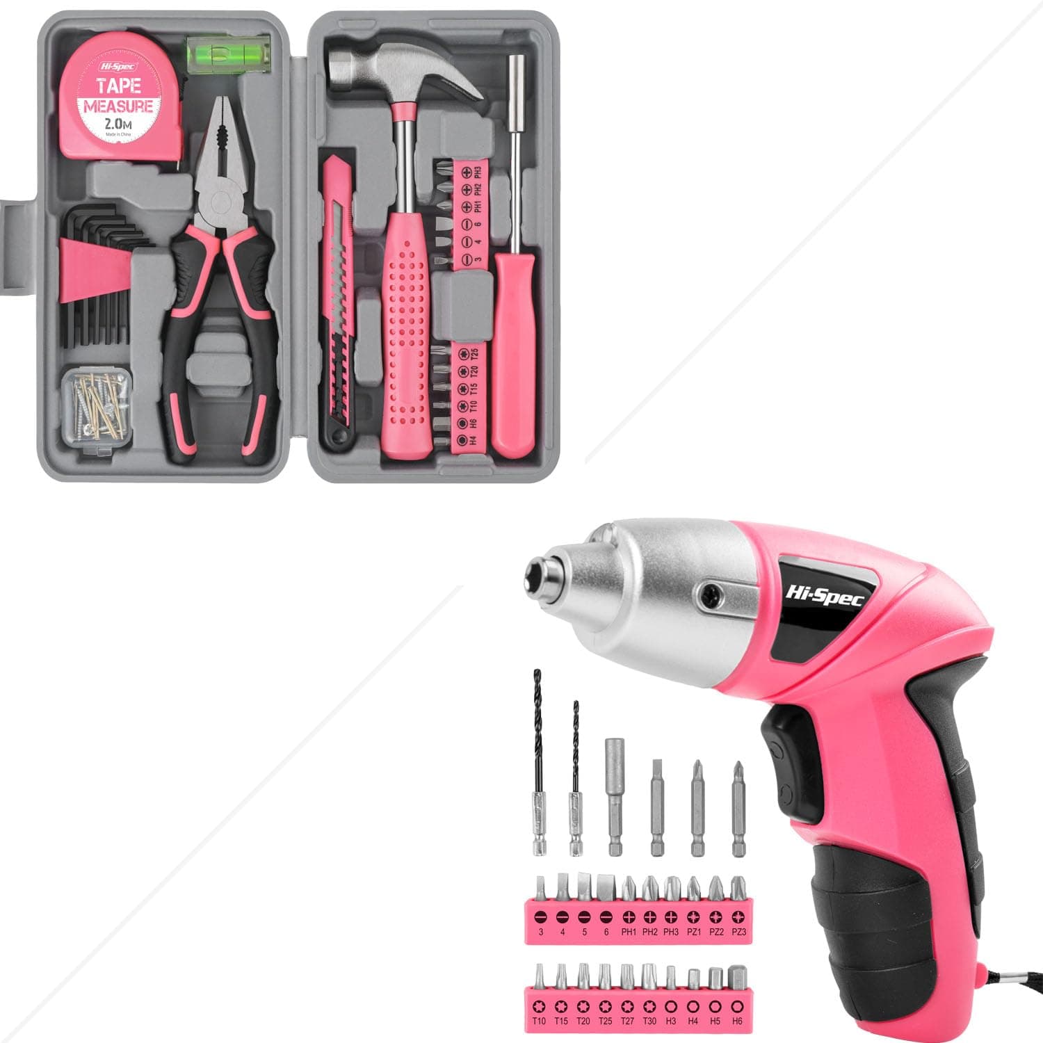Hi-Spec52pc Pink Household DIY Tool Kit for Women Bundle With 3.6V Pink USB Small Power Electric Screwdriver Set