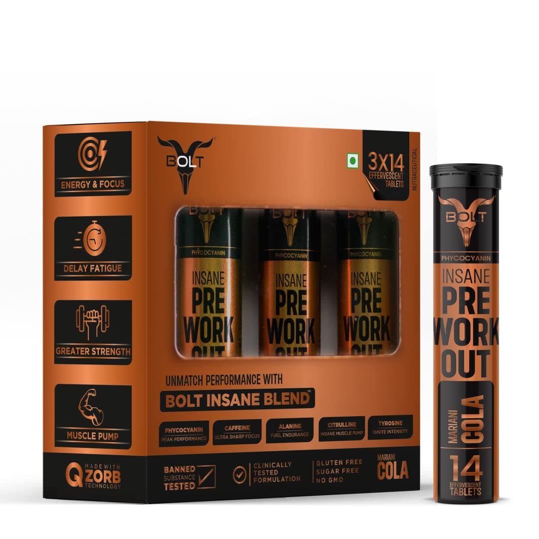 Bolt Pre-Workout Effervescent Tablet |Caffeine, Beta-alanine, Taurine, and L-arginine (Pack of 42 Effervescent Tablets –Mariani Cola)