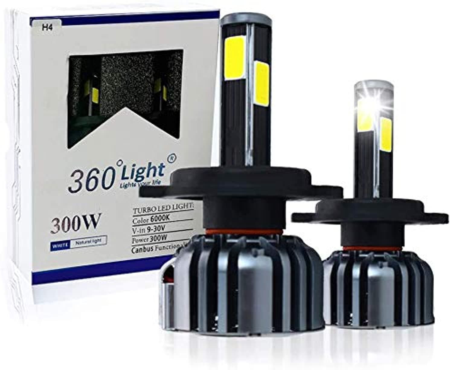 Lighting H4 LED Headlight Bulbs Automotive Conversion Kit for Car 4 Sides Bright Beam 6000K Cool White 9000 Lumens High Power 300W -1 Year Warranty