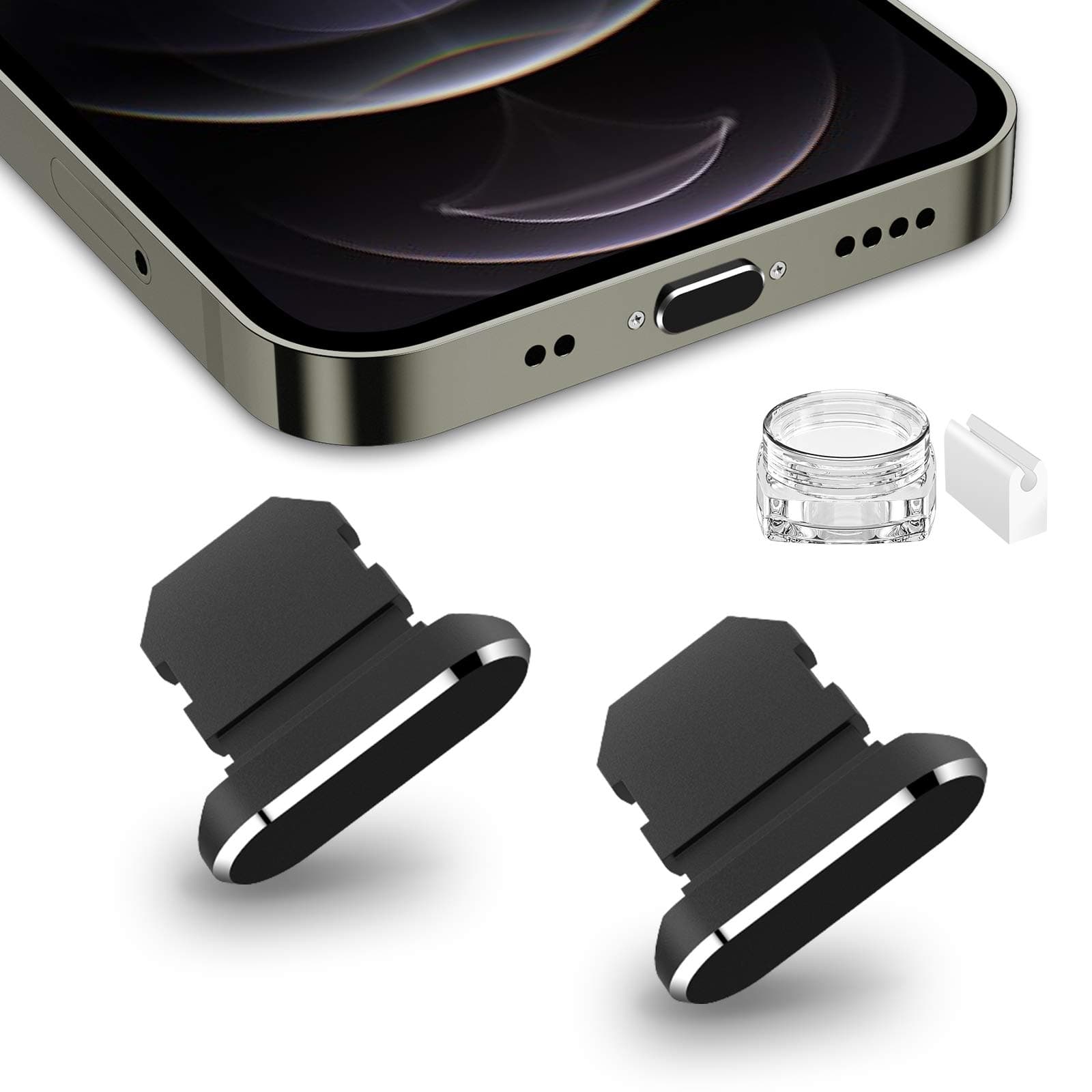 TITACUTE 2 Pack Anti Dust Plugs for iPhone 14 Pro Max 13 11 12 X XS XR X 8 7 Plus 6s 6 5 SE Dust Cover 8 Pin Dust Plug + Mini Storage Box iPhone Charging Port Plugs for AirPods Pro iPad Mini Air Black