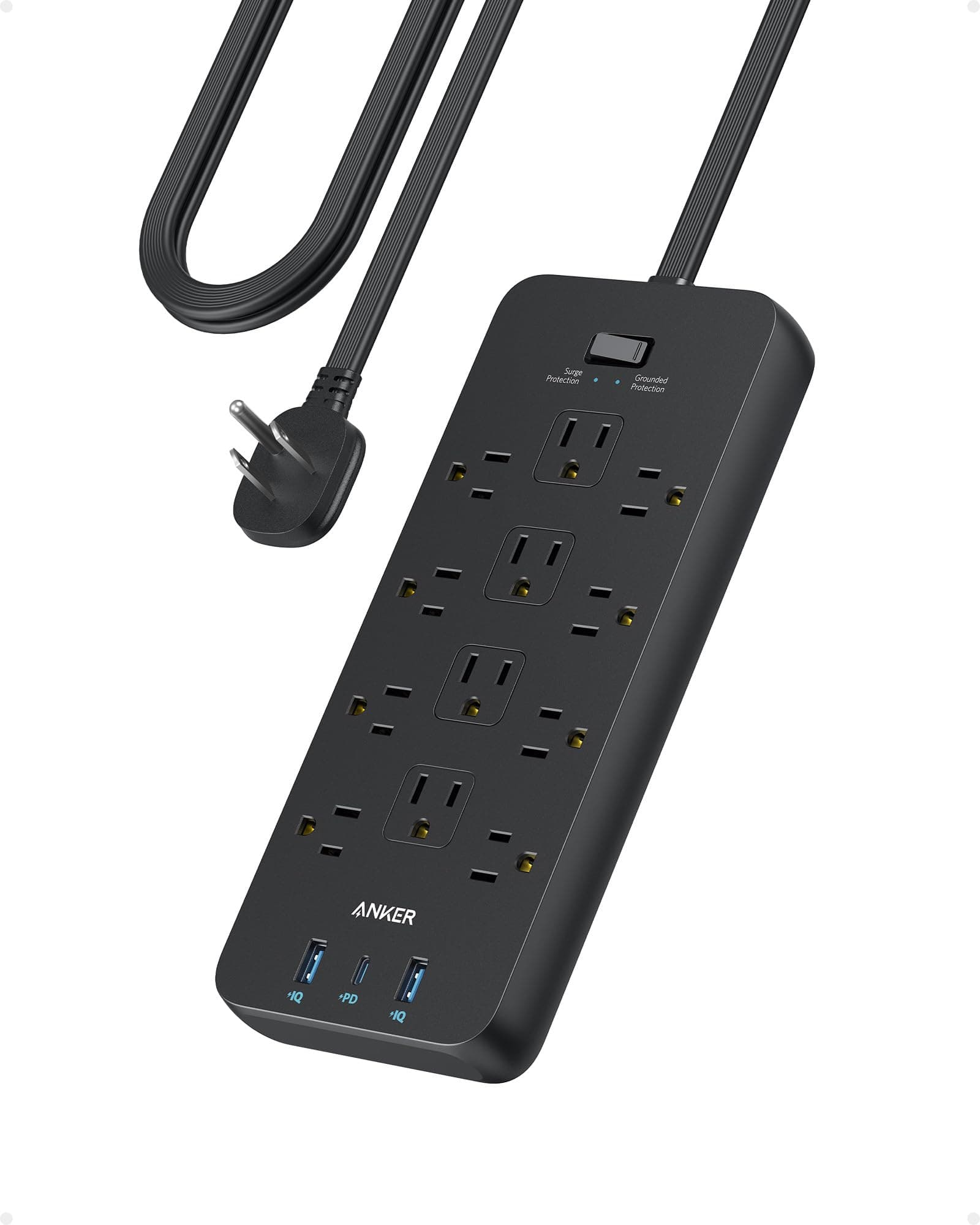 Anker Surge Protector Flat Plug Power Strip(2100J), 12 AC Outlets, 5feet Flat Extension Cord, 1USB C and 2 USB Ports for Multiple Devices, 20W Fast Charging for Home, Office, Dorm Essential, TUV