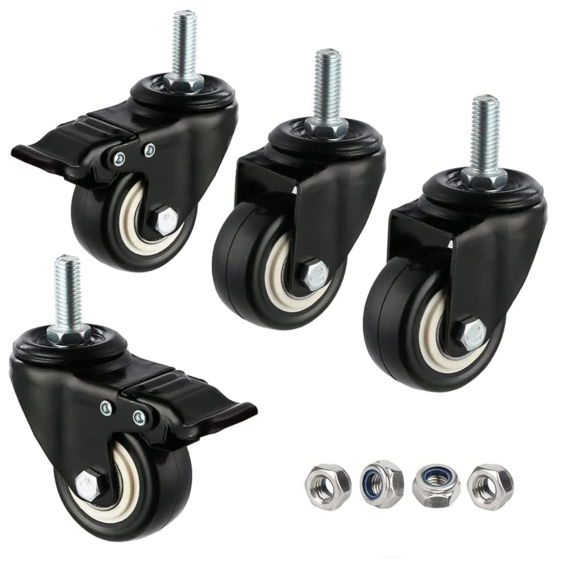 Casters 1.5 Inch Heavy Duty Stem Casters 360 Degree Swivel Durable Wheels Castors(2 Casters with Brake Lock) 4 Pack Swivel Stem Casters Wheels with Screw Inserts for Carts Furniture Trolley DIY Stands
