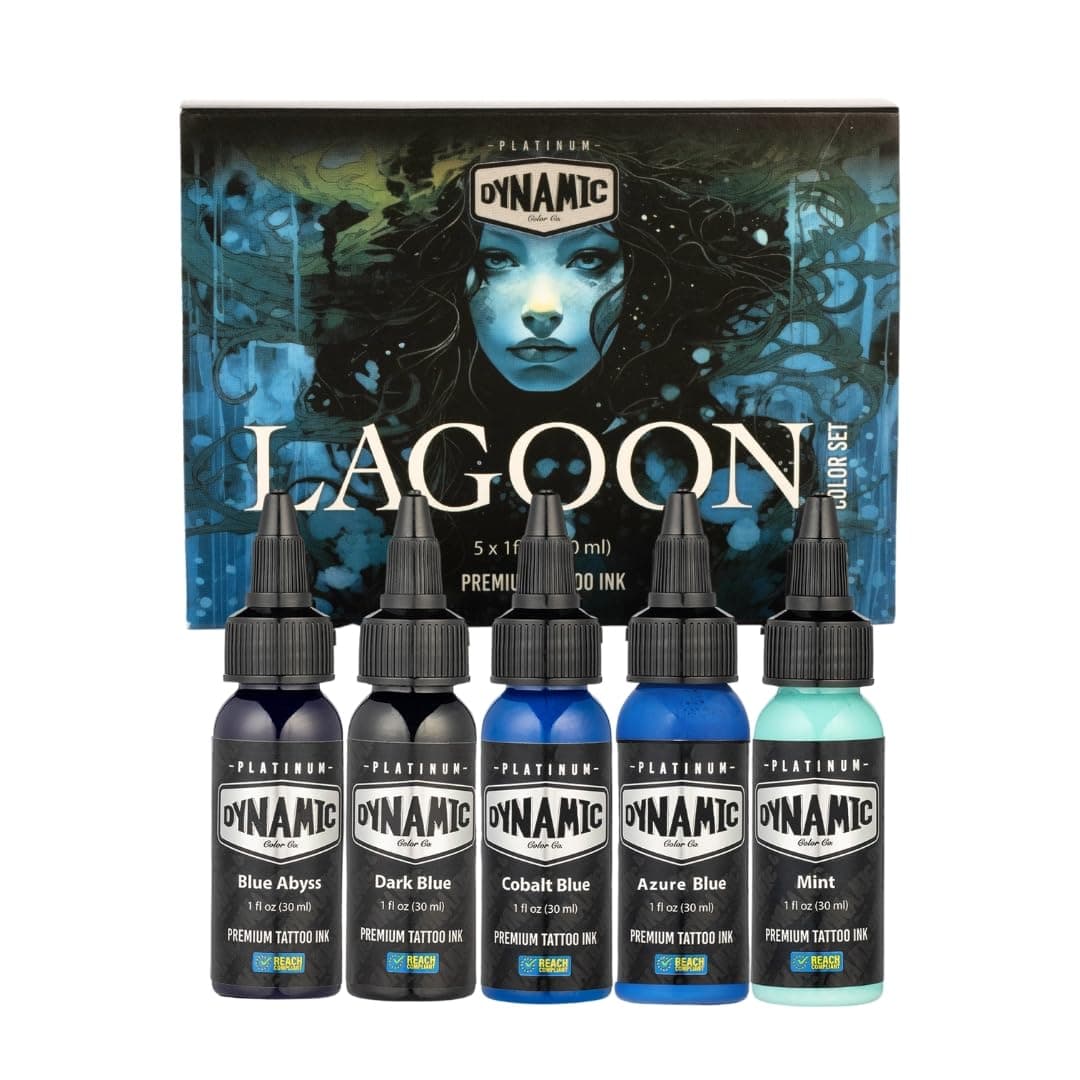 Dynamic Color Co- Tattoo Ink Set: Lagoon - Dive into Brilliance with 5 Vibrant Blue Shades (1 oz Each) from The Platinum Collection. Reach Compliant, Crafted in Spain. Since 1990