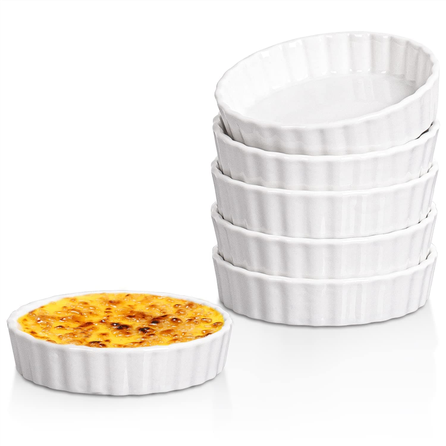 DELLING Ramekins 8 oz, Round Fluted Quiche Dishes Tart Pan, Oven Safe, Set of 6, White