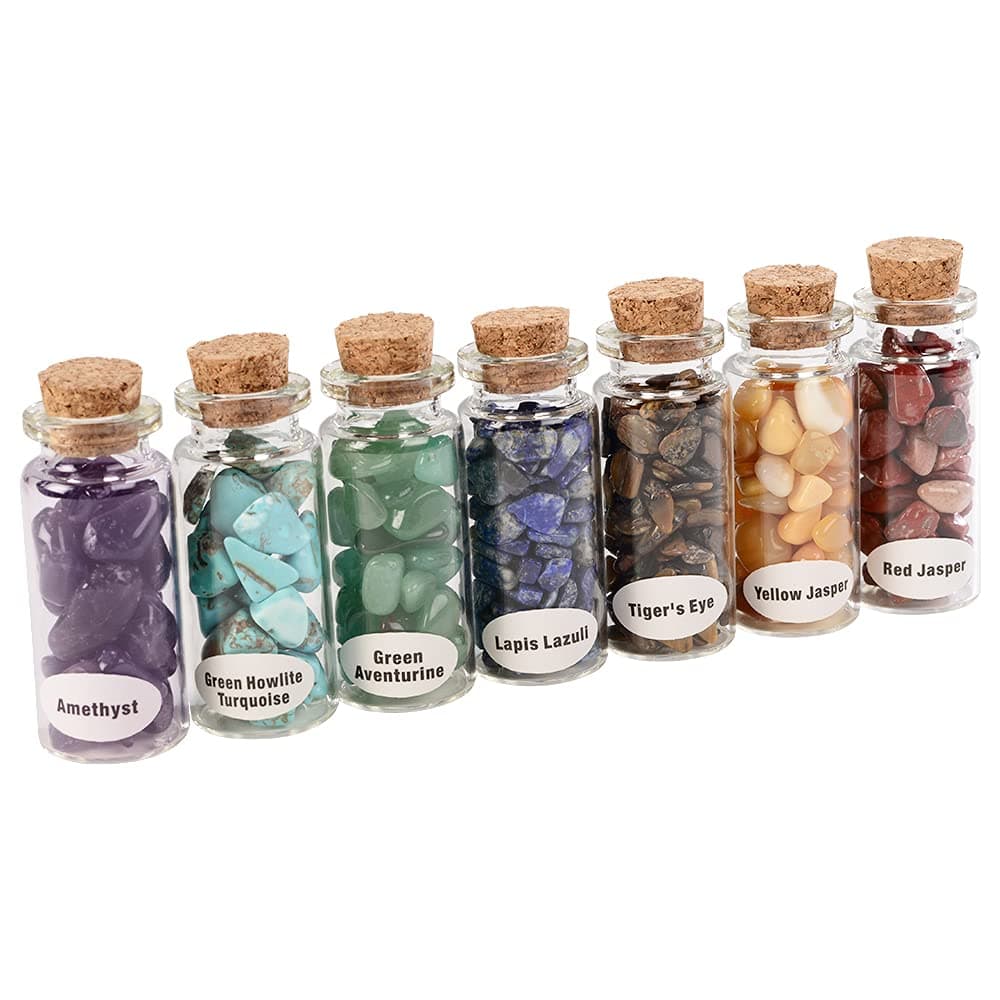 Anjiucc 7 Chakra Stone Bottles Gemstone Bottles Chip Crystal Healing Tumbled Gem Reiki Wicca Stones Set -7 PCS