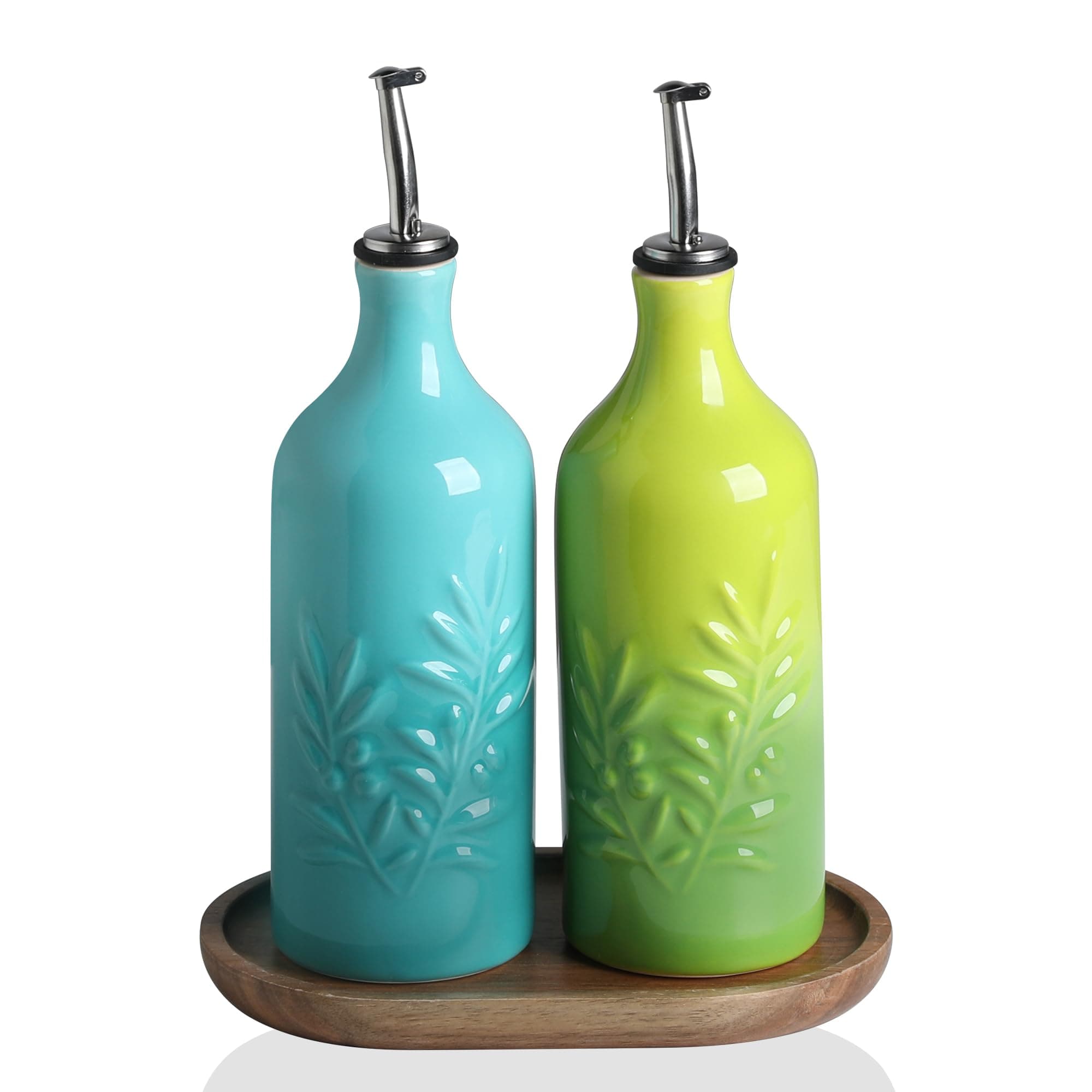Sweejar Ceramic Olive Oil Dispenser Bottle, 20 Oz Relief Opaque Oil Cruet Protects To Reduce Oxidation, Suitable for Storage, Vinegar, Soy Sauce,Liquids,Set of 2 (Gradient Blue Gradient Green)