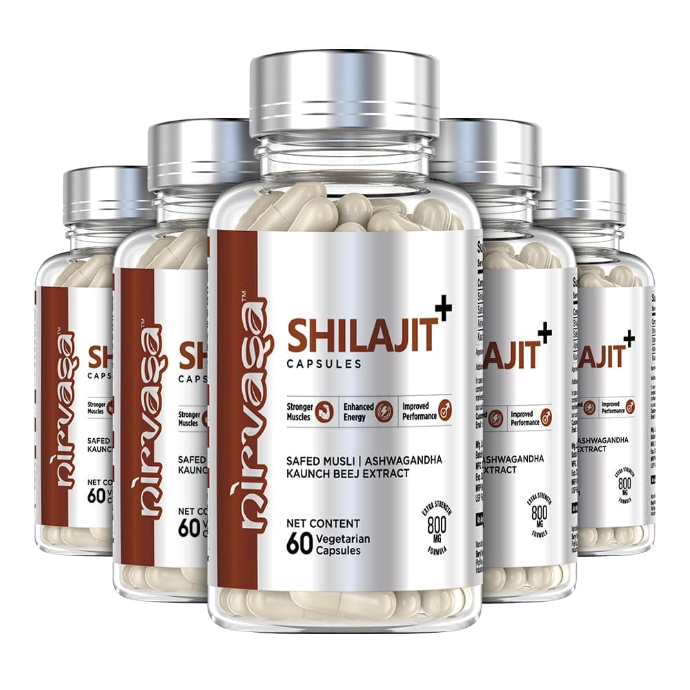 Nirvasa Pure Shilajit/Shilajeet (800mg) 5x60 Capsules | Boost Strength, Stamina, Energy & Immunity | Supports Vitality, Performance & Muscle Growth | Ashwagandha, Safed Musli & Kaunch Beej (Pack of 5)