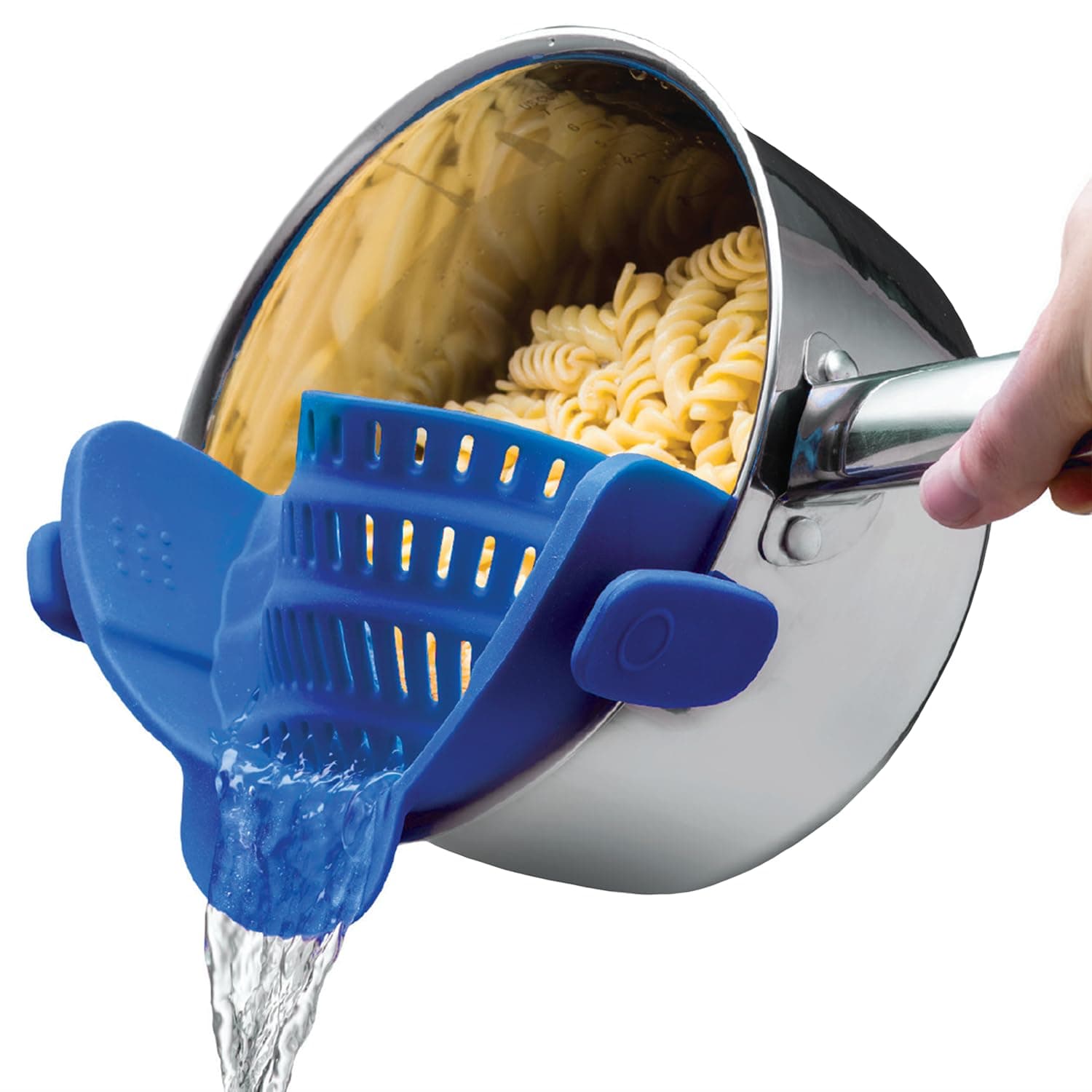 Snap N' Strain - Silicone Clip-On Strainer for Pots, Pans, and Bowls - Heat-Resistant Kitchen Gadgets, Essential Colander Drainer for Vegetables and Pasta - 7.87x2.76x4.53-Inch (Blue)