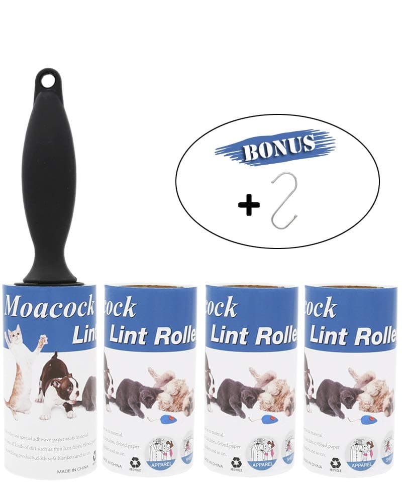Lint Roller Set, 4 Refills 360 Sheets, Pet Hair Dust Cleaner Remover for Furniture Clothes Bed Car Seat, S Shaped Hook for Hanging