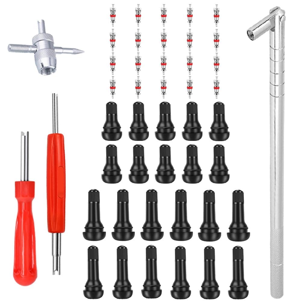 Riseuvo Stem Puller and Installer - 10pcs TR412, 6pcs TR413, 6pcs TR414 Short Rubber Tire Valve Stems, 4 Way and Single Head Valve Core Remover Tool