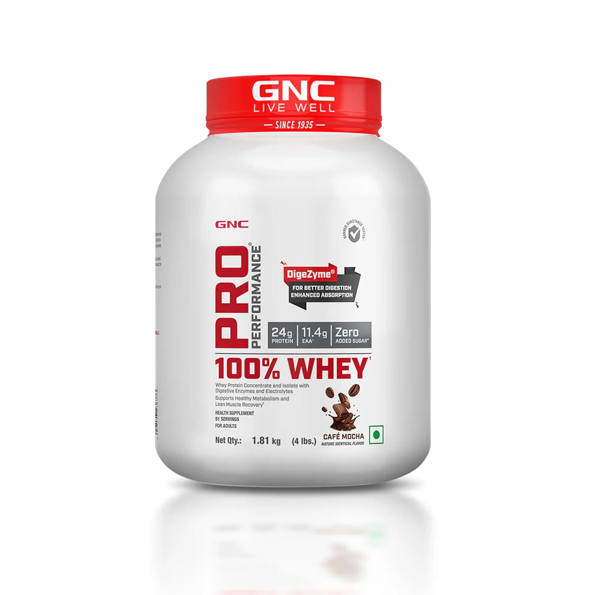 GNC Pro Performance 100% Whey Protein | 4 lbs | Muscle Growth | Muscle Recovery | DigeZyme® For Easy Digestion | Informed Choice Certified | 24g Protein | 5.5g BCAA | Café Mocha
