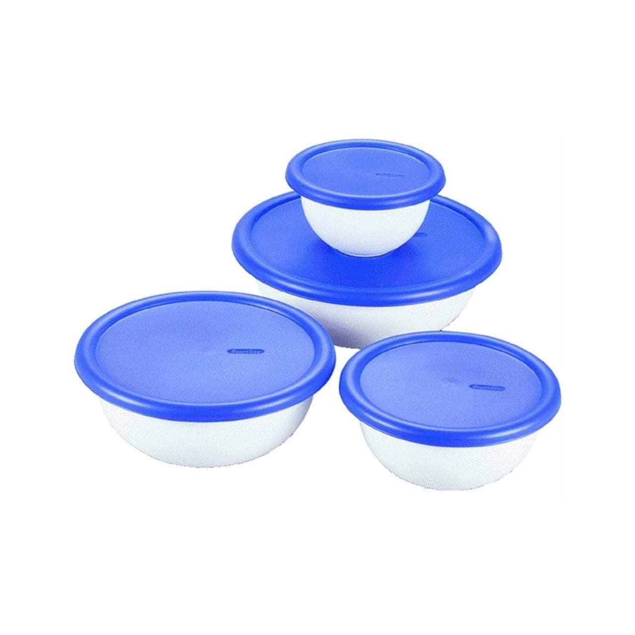 Sterilite 07479406 8 Piece Covered Bowl Set, White & Blue