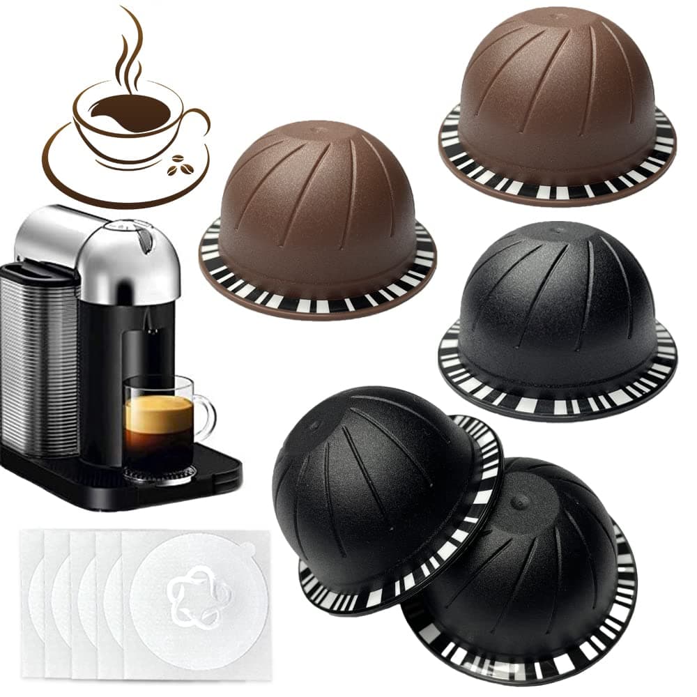 5pcs Reusable Coffee Pods for Nespresso VertuoLine, Refillable Coffee Capsules for Vertuo, Refill Coffee Pod for Nespresso Machine with 5pcs Aluminum Foil Lids