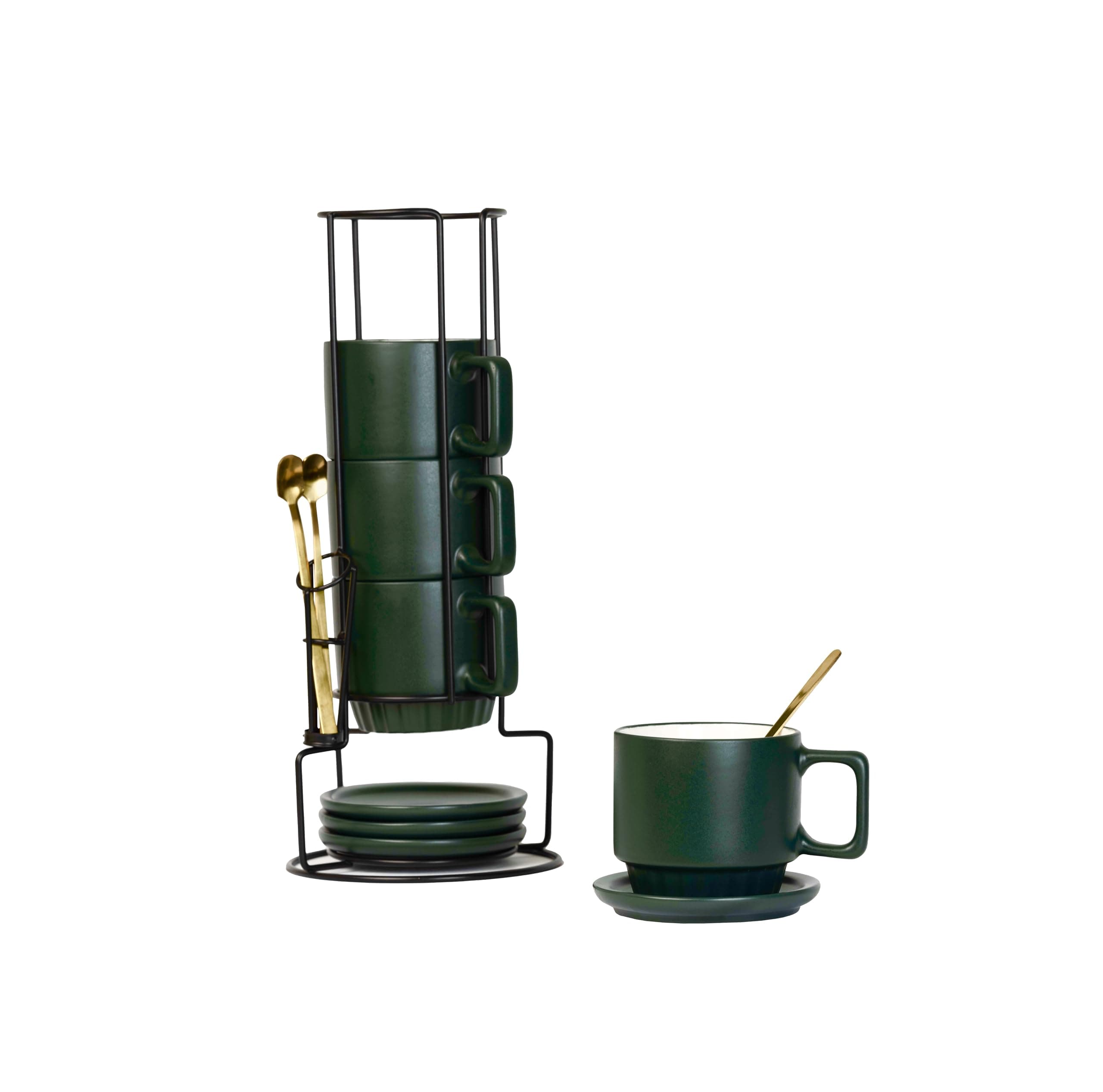 Stackable Coffee Cup Mugs with Rack, Saucers and Spoons, Normal, Green