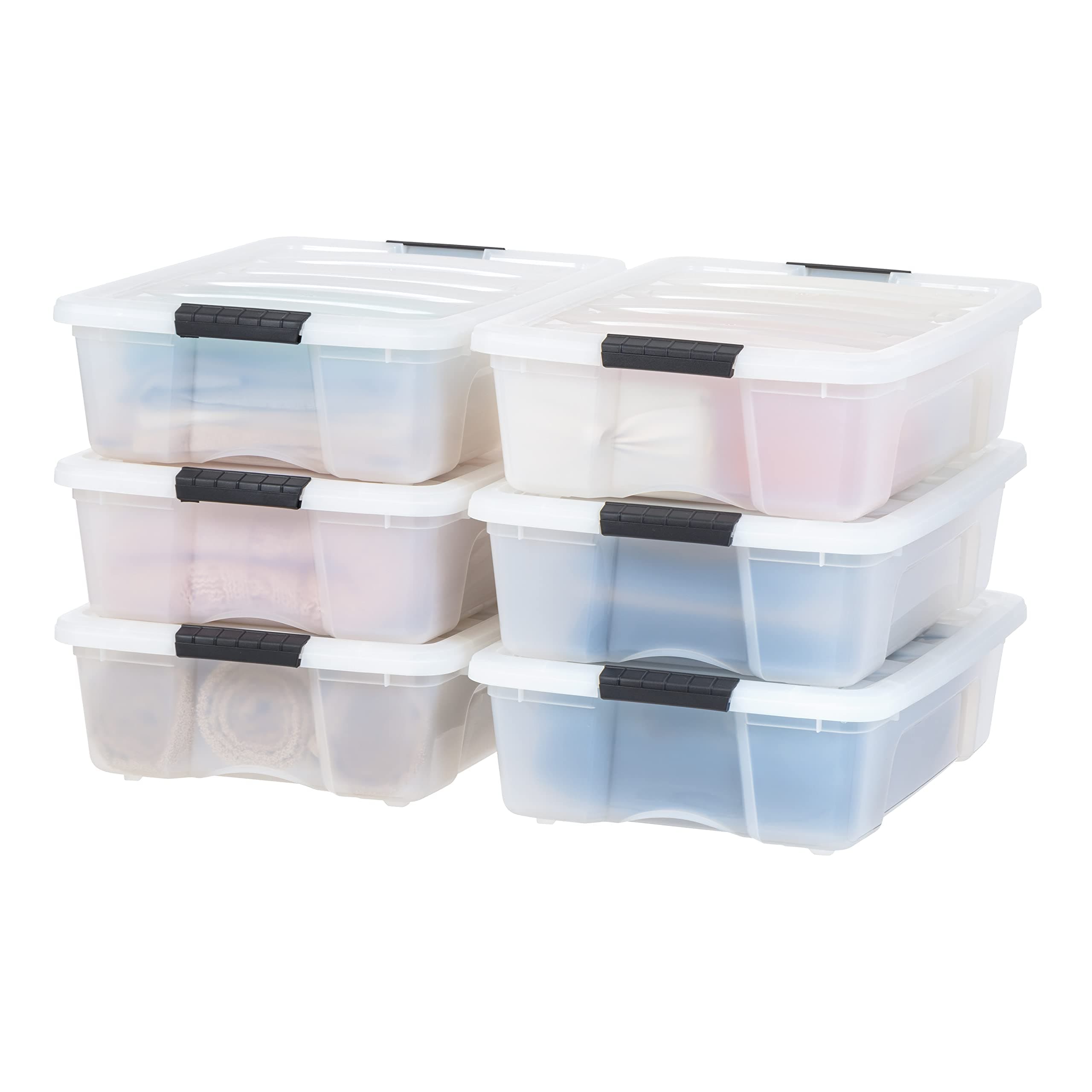 IRIS USA 26.95 Qt. Plastic Storage Tote, 6 Pack, Pearl, Bin Organizing Container with Durable Lid and Secure Latching Buckles, Pearl & Black