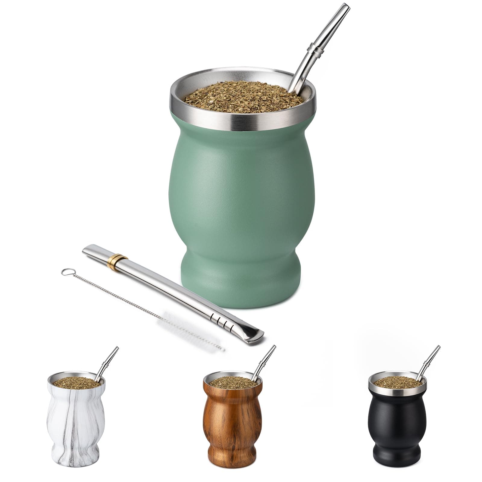 Husfunov 8oz Yerba Mate Cup, 304 Stainless Steel Double-Wall Mate Cup, Heat Insulation Yerba Mate Gourd, Tea Cup Set Includes Cleaning Brush & 2 Bombillas (Green)