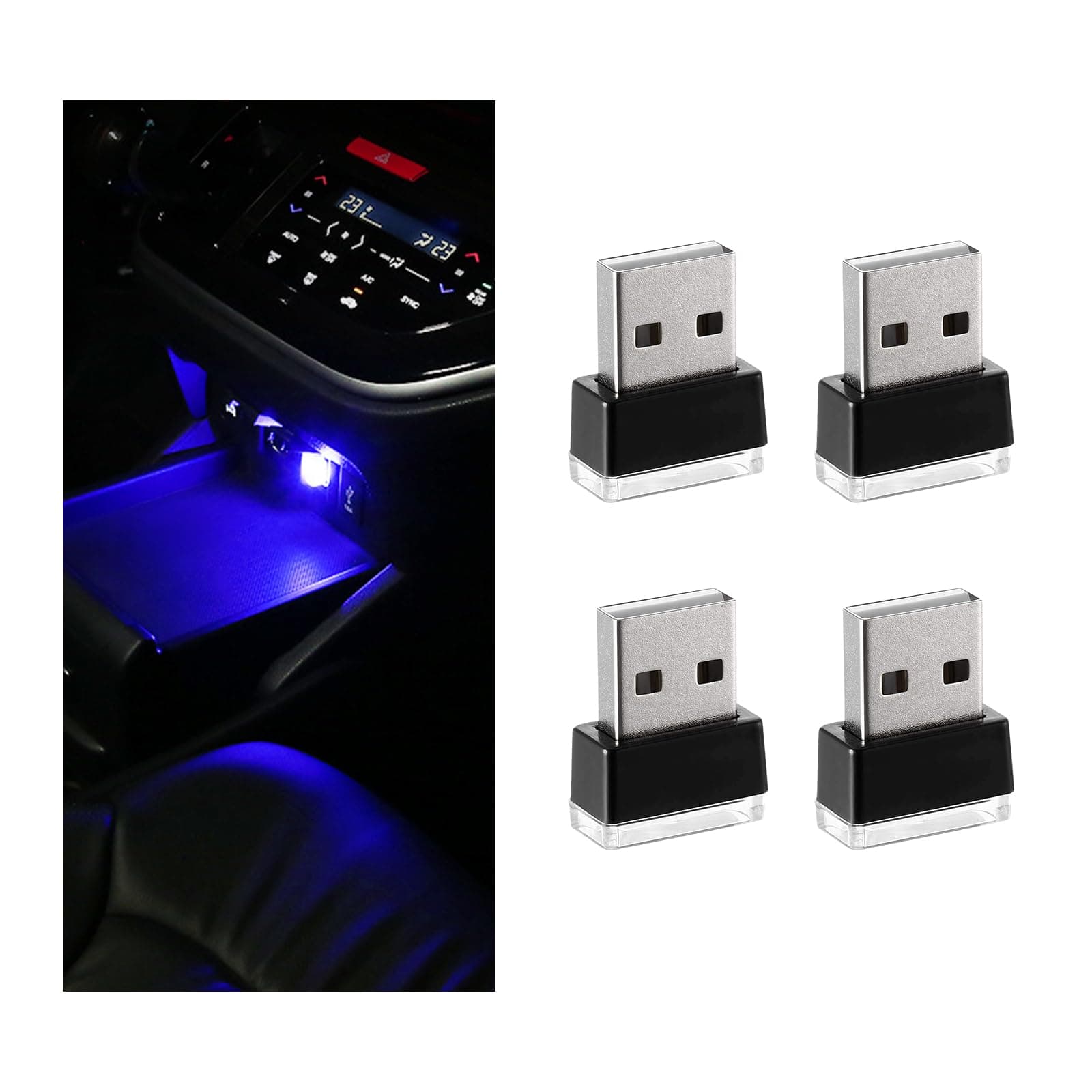 4 PCS USB LED Car Interior Atmosphere Lamp, Portable Mini LED Night Light, Plug-in USB Interface Trunk Ambient Lighting Kit, Universal Interior Car Accessories (Blue)