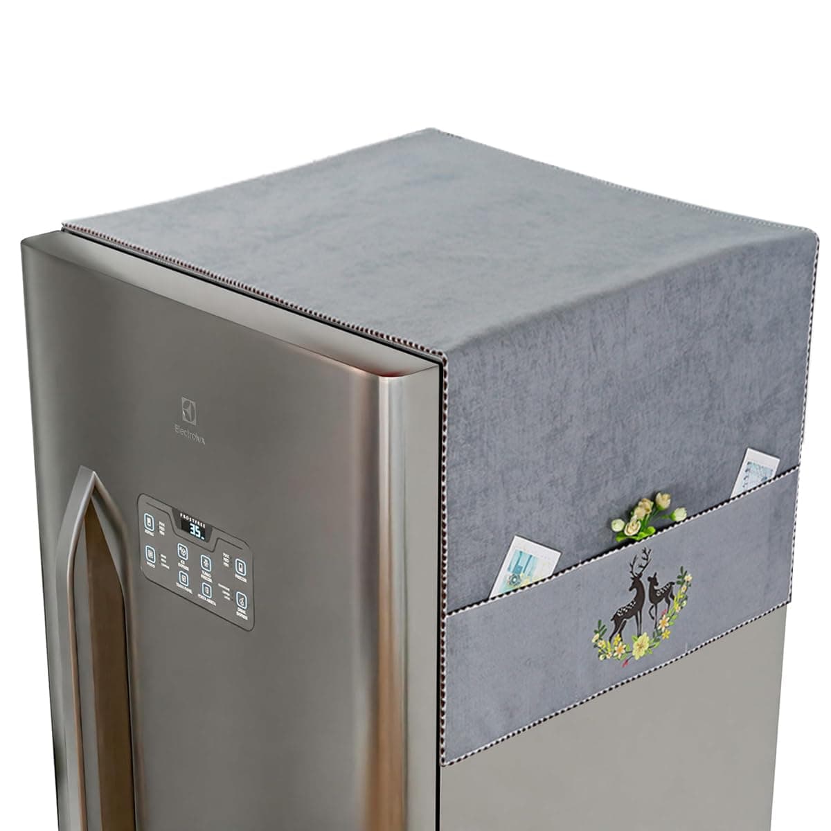 HASTHIP ® Cotton 1 Pack Fridge Dust Proof Cover For Top Double Door,Chenille Plush Dust Cover With Utility Pockets Designe Kitchen Refrigerator Cover For Side-By-Side Refrigerator,21.6 X55 Inches,Grey