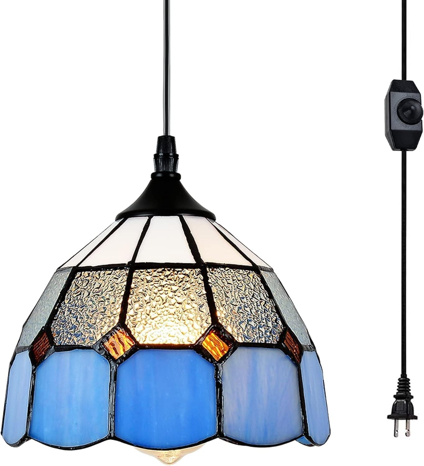 Tiffany Style Plug in Pendant Light Mini Chandelier with 16.4 Ft Hanging Cord and in Line On/Off Dimmer Switch, Vintage Swag Ceiling Lamp for Dining Room, Bedroom or Porch (7.9" in Width)
