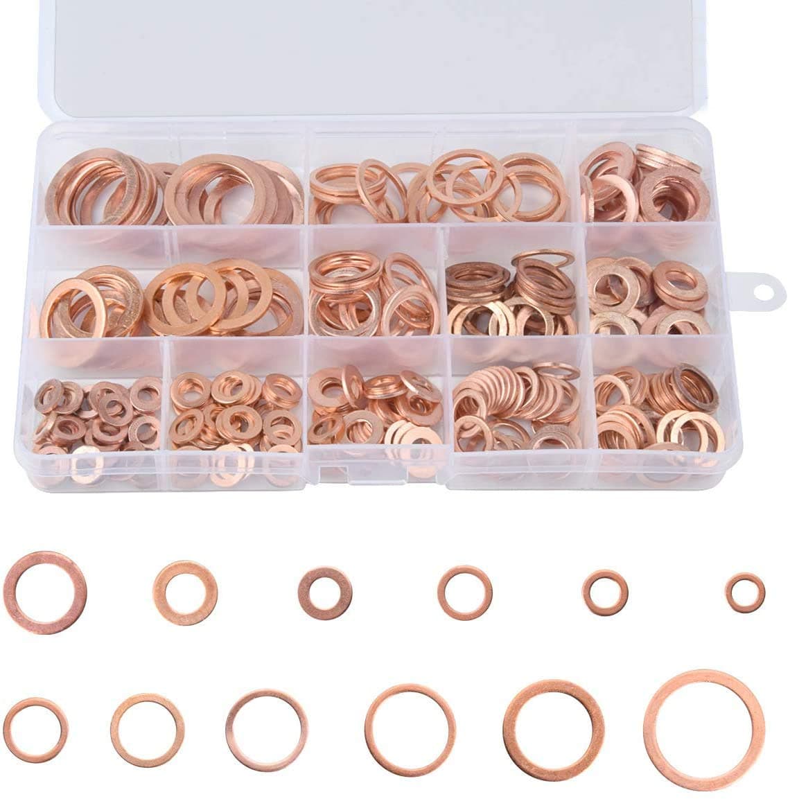 Loscrew 300pcs Flat Copper Washer (M5 M6 M8 M10 M12 M14 M16 M20), 12 Kind of Size Copper Washer Set Gasket Sealing Ring for Hardware and Commercial Appliances