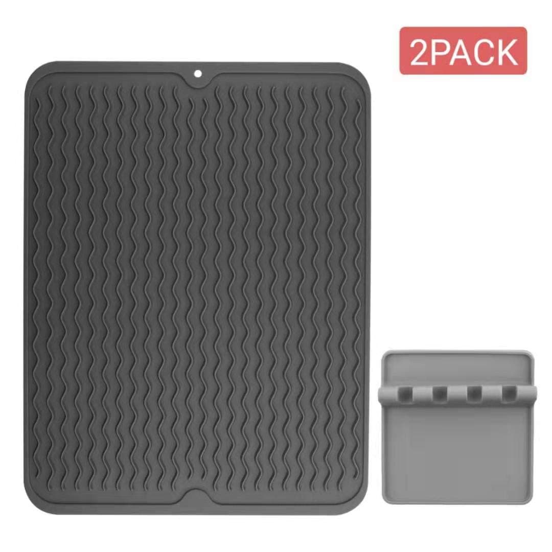 2 Pieces Silicone Dish Drying Mat Grey Large 15.8" X 12" and Heat Resistant Ladle Fork Mat Spoon Rest 5.5" X 5.5"