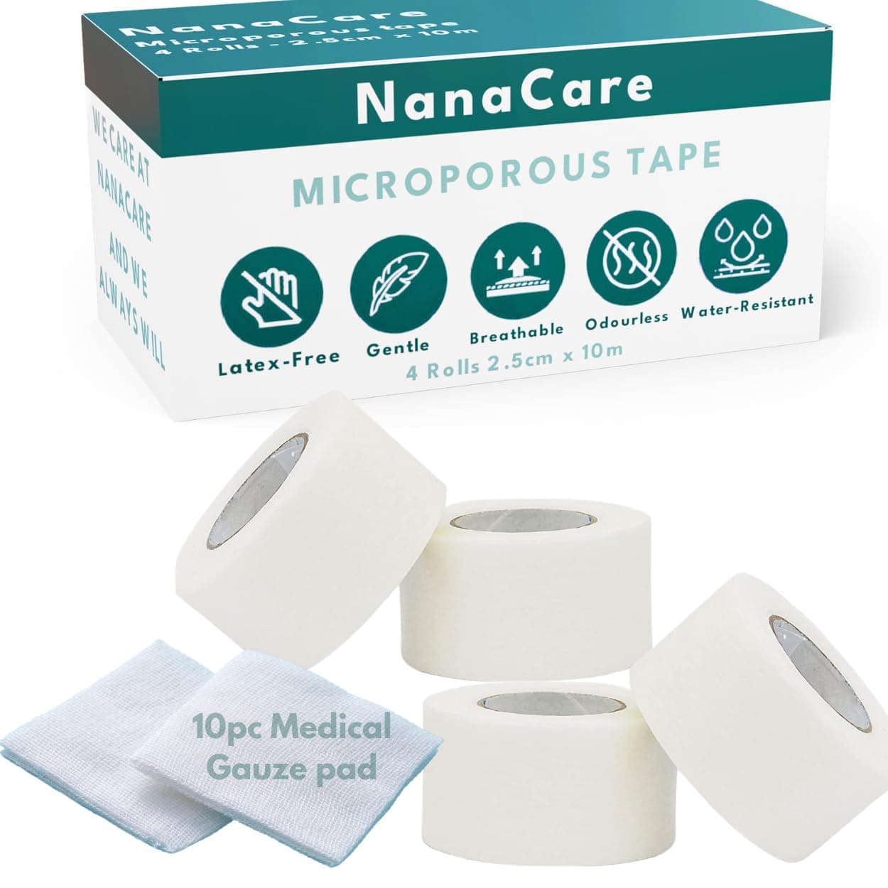 Micropore Surgical Tape 2.5 cm x 10 m (4 Rolls) | Microporous Tape | Medical Tape for Skin, Dressings and Face | First Aid Tape Suitable for Sensitive Skin