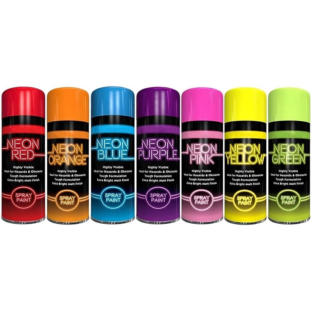 7 x Neon Spray Paint Graffiti 200ml DIY Extra Bright Assorted Colours Creative Art Fluorescent Paint Blue Green Orange Pink Yellow Red Purple Multicolours
