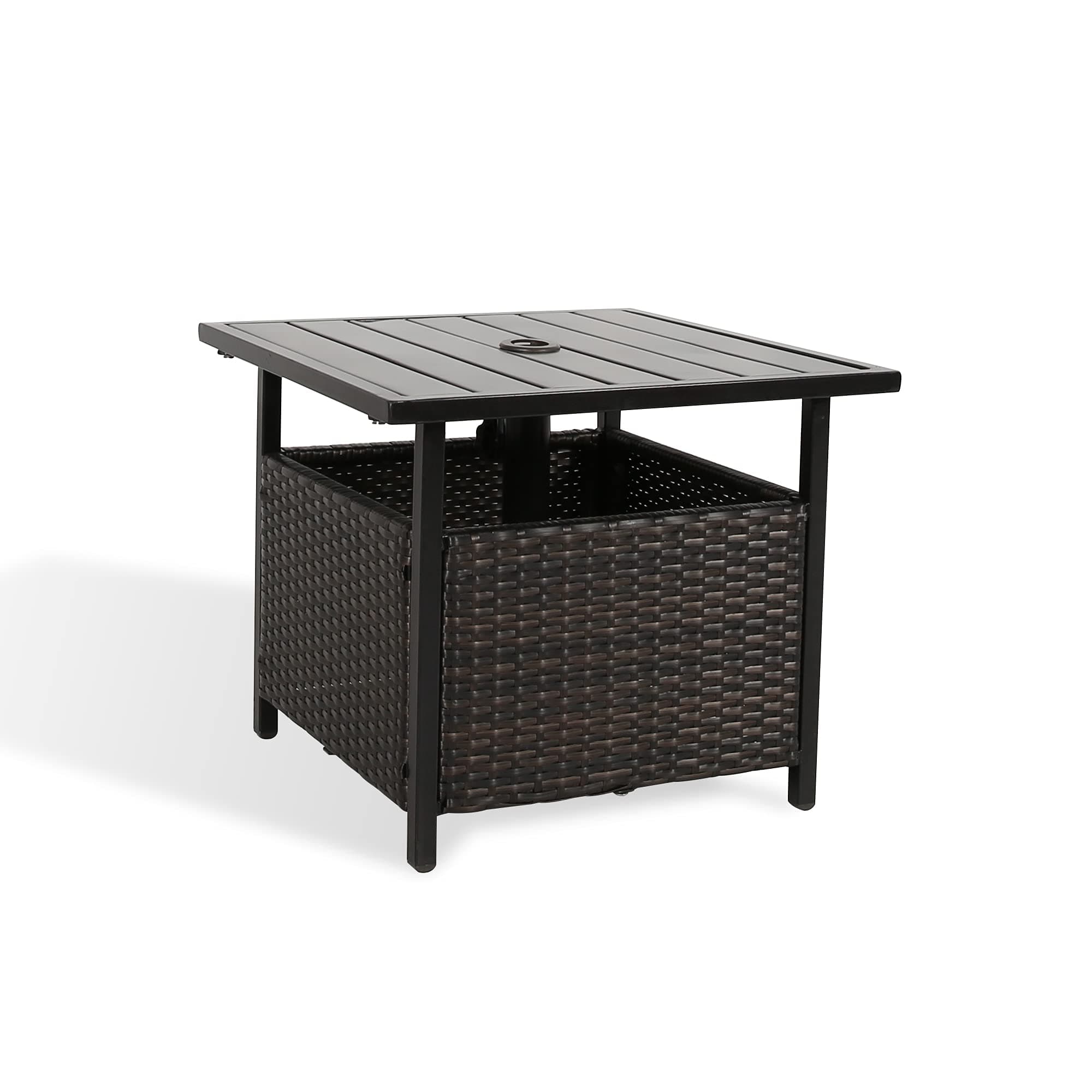 Patio PE Wicker Umbrella Side Table Stand, Outdoor Bistro Table with Umbrella Hole