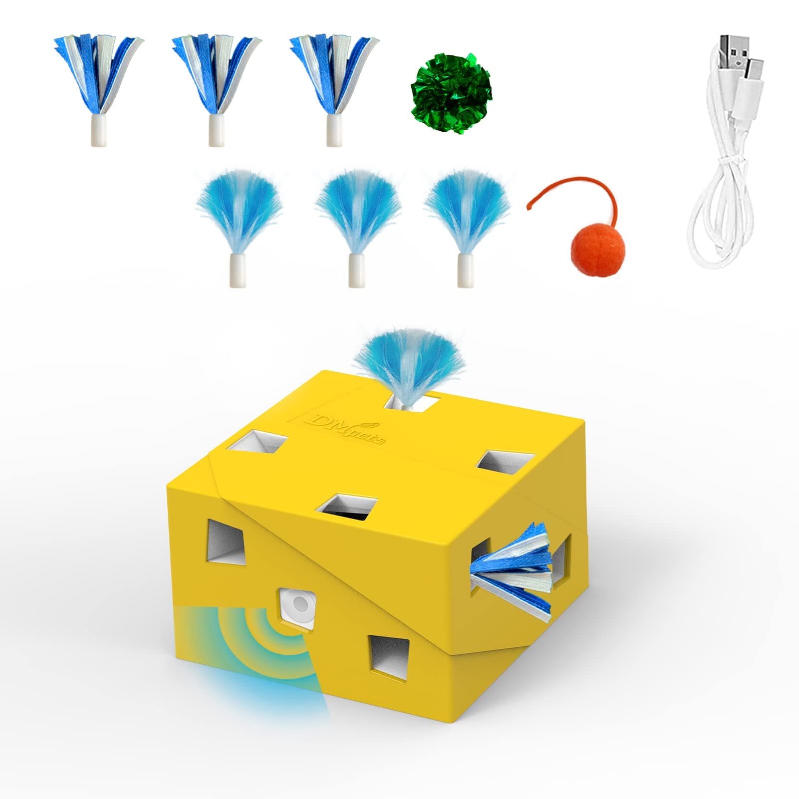 Migipaws Interactive Cat Toys Automatic Mice Feather Ribbon Pop Out Hide in 12 Holes for Indoor Cats 2022 Upgrade Whack A Mole Kitten Game USB Rechargeable DIY Carton Box Toys Bundle Cat Balls