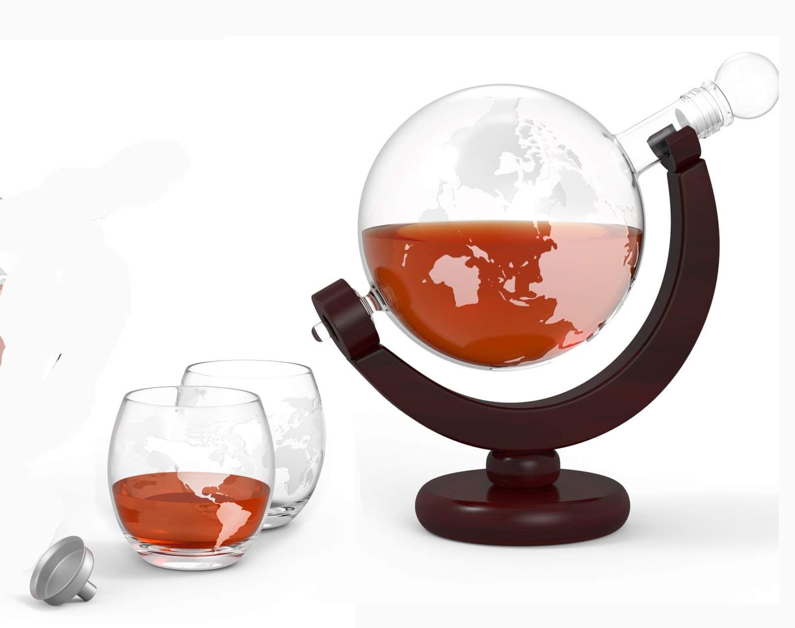 GlobeTrotter Etched Globe Spirits Decanter - SALE - 30% OFF. Includes Matching Glasses and Bar Funnel – 850 ml Whiskey and Wine Decanter in Wood Frame - The Perfect Gift for Whiskey Lovers!