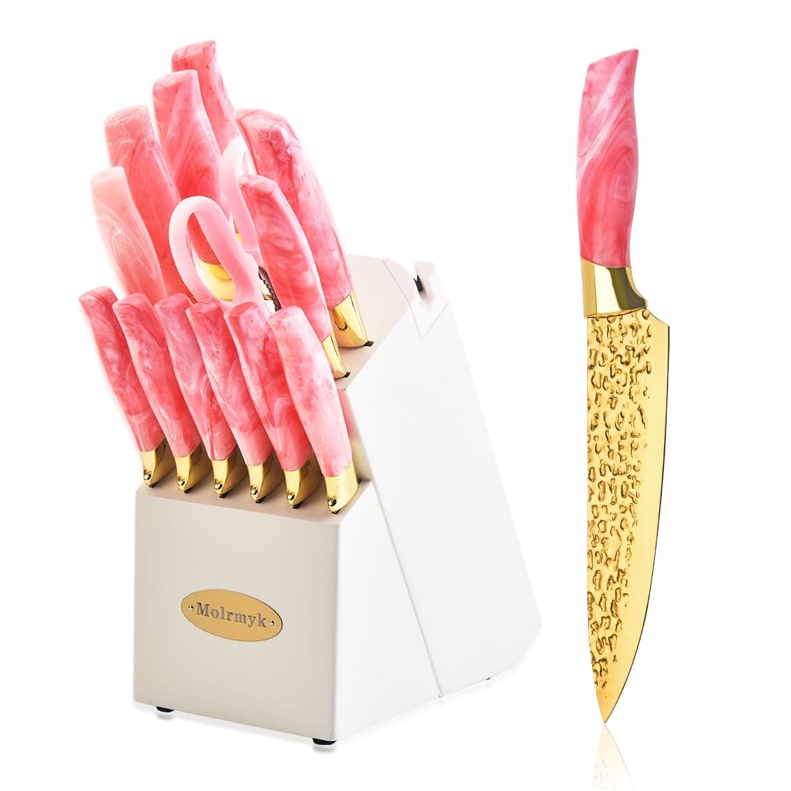 Knife Set, Non Stick Thick and Sharp Stainless Steel Kitchen Knives Set with Wood Block, 14 Pcs Cutlery Knives Block Set with Steak Knife, Bread Knife, Scissors, Chef Quality, Pink Handle, Gold Blade
