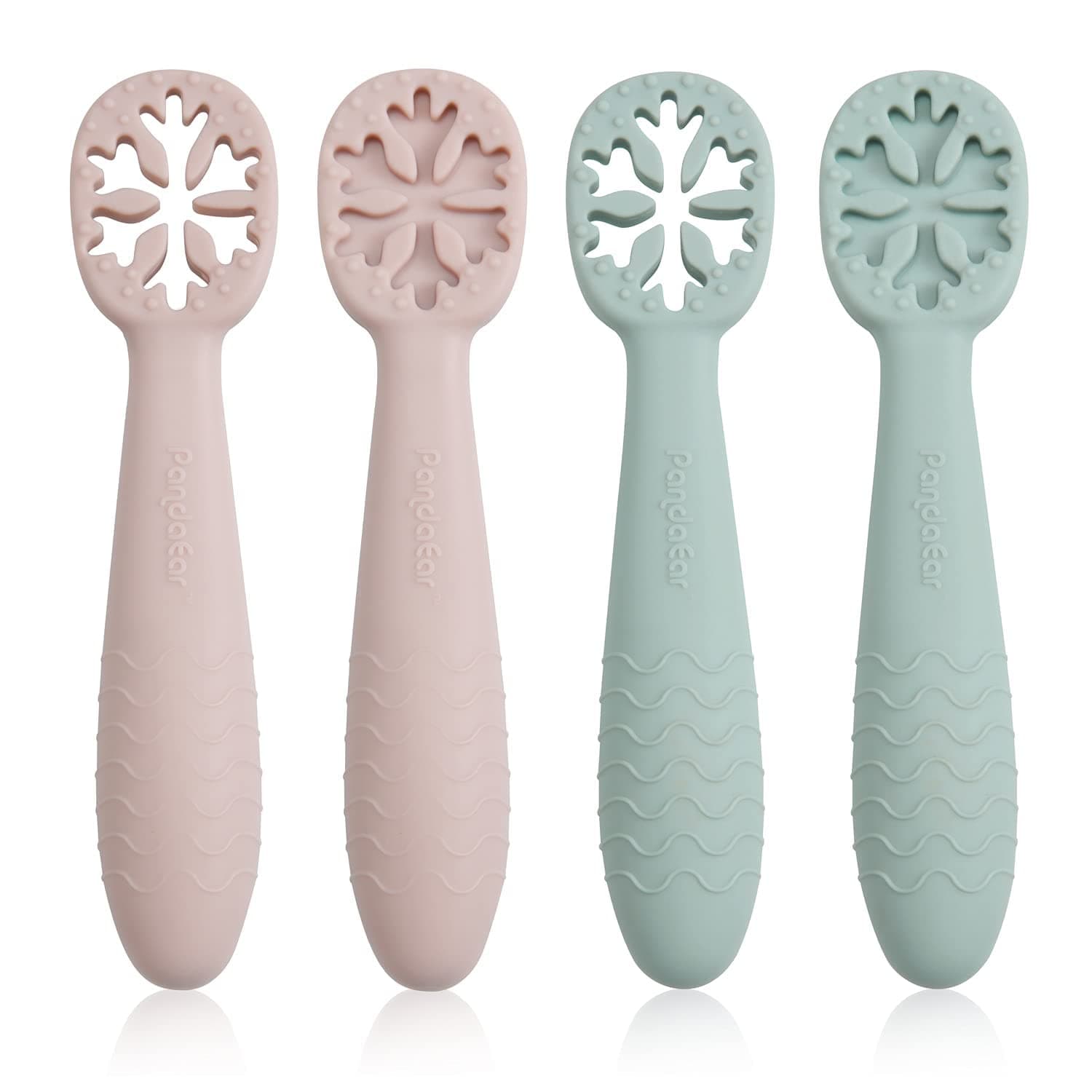 Snowflake Design Baby Spoon Set (4 Pack)|BPA Free Stage One Silicone Self Feeding Utensil| Baby Led Weaning|Teething Friendly|Kids Toddlers 6 Months+ (Pink/Green)