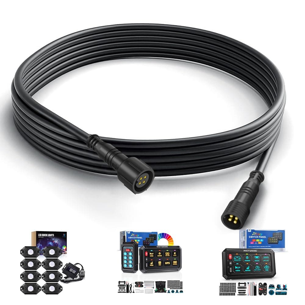 MICTUNING 2PCS 10FT 4 Pin Extension Cables - Exclusive for 2nd-Gen RGB Rock Lights and P1Y P1s P1C P8 Series Switch Panel Connection