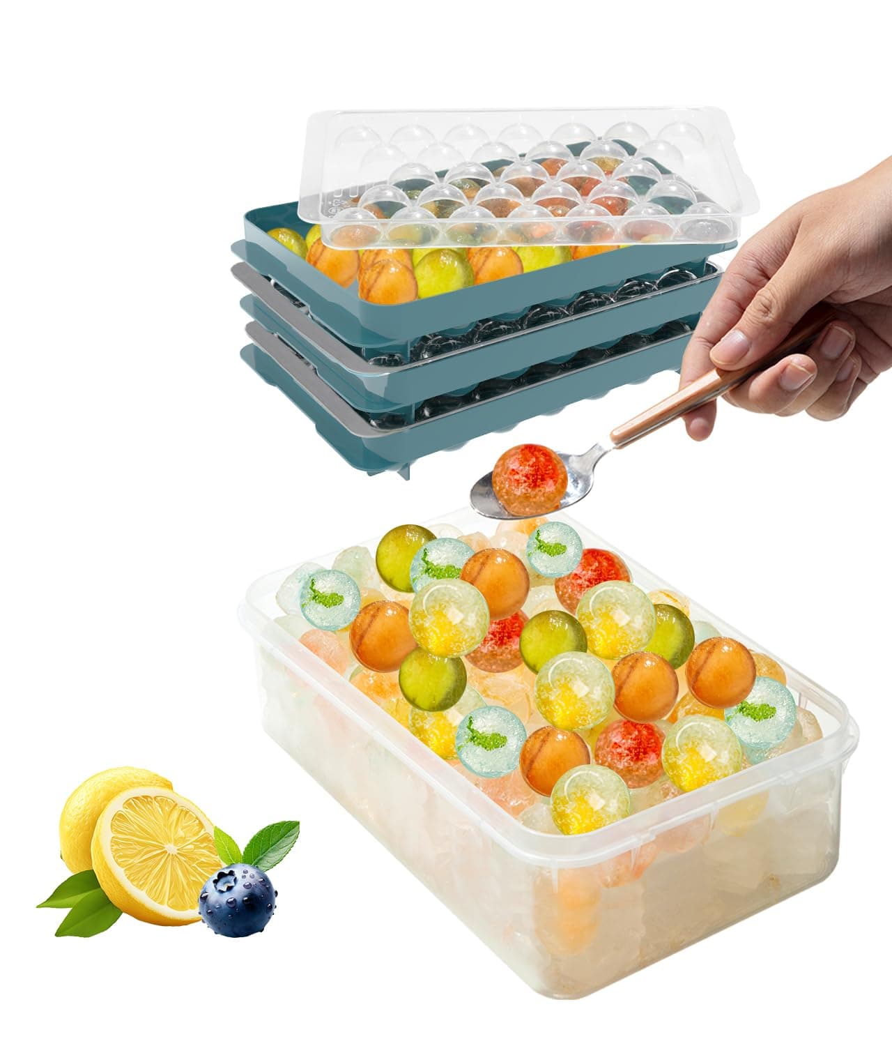 Ice Cube Trays with Lid and Bin, 3 Pack Ice Ball Maker Mold for Freezer Round Ice Molds with Container Mini Circle Ice Cube Tray for Drinks, Coffee, Whiskey, Cocktail, BPA Free (Lake Blue)