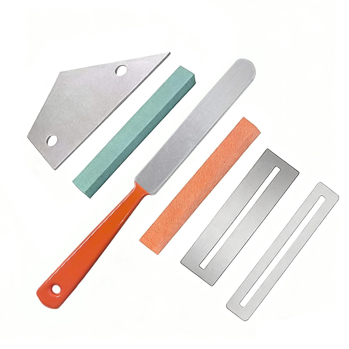 ギター用Luthier ツールキット内容 ギターフレットクラウンルシエファイル1個、ステンレススチールフレットロッカー1個、フィンガーボードガードプロテクター2個、ギター用グラインドストーン2個