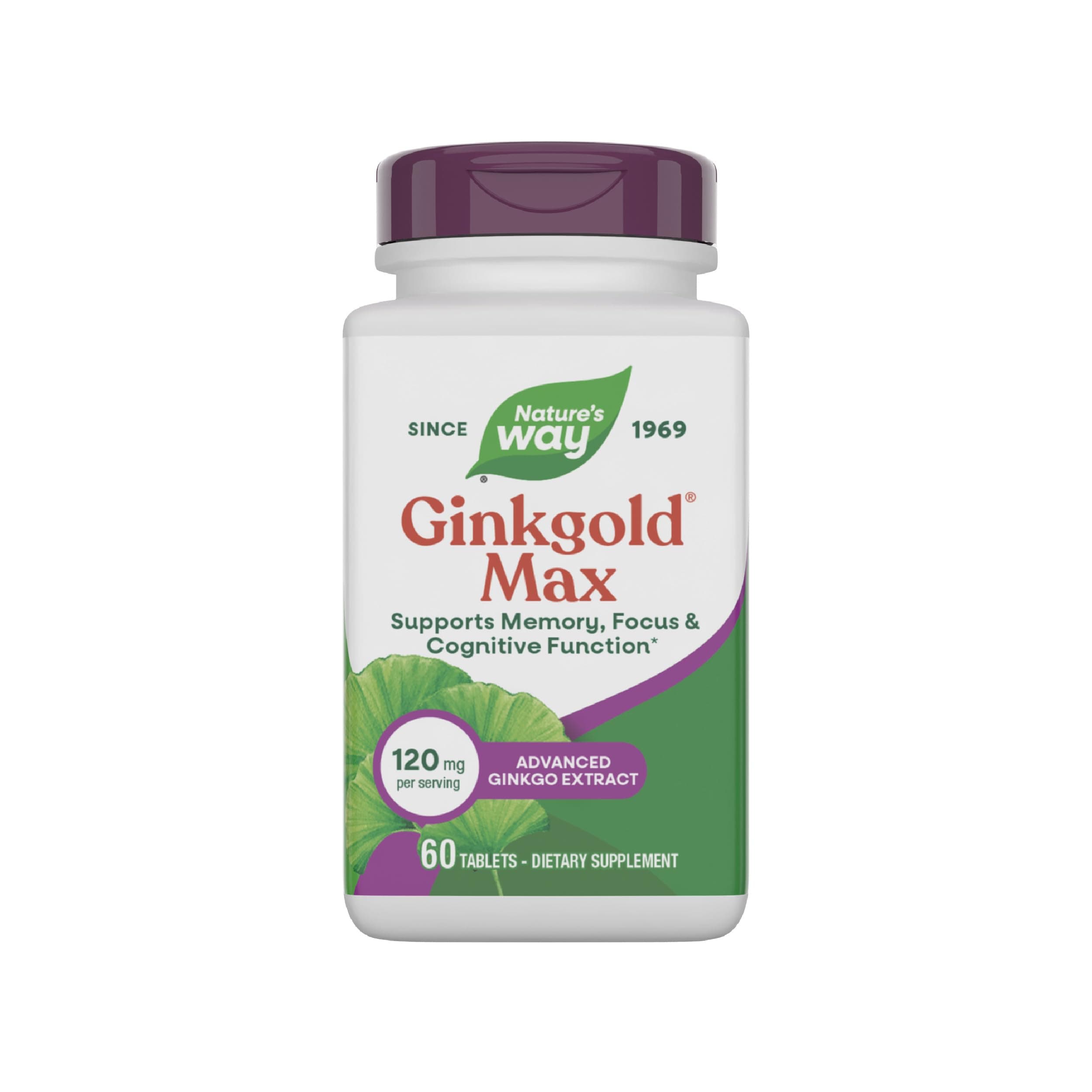 Nature's Way Ginkgold Max Advanced Ginkgo Extract, Supports Concentration, Cognitive Function*, Memory and Focus*, Gluten-Free, Vegan, 60 Vegan Tablets (Packaging May Vary)