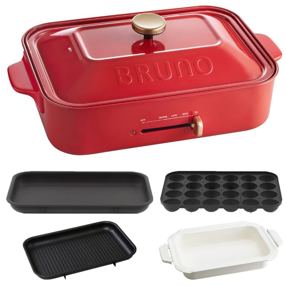 BRUNO compact hot plate + takoyaki plate + ceramic-coated pot + grill plate 4-piece set (Red)