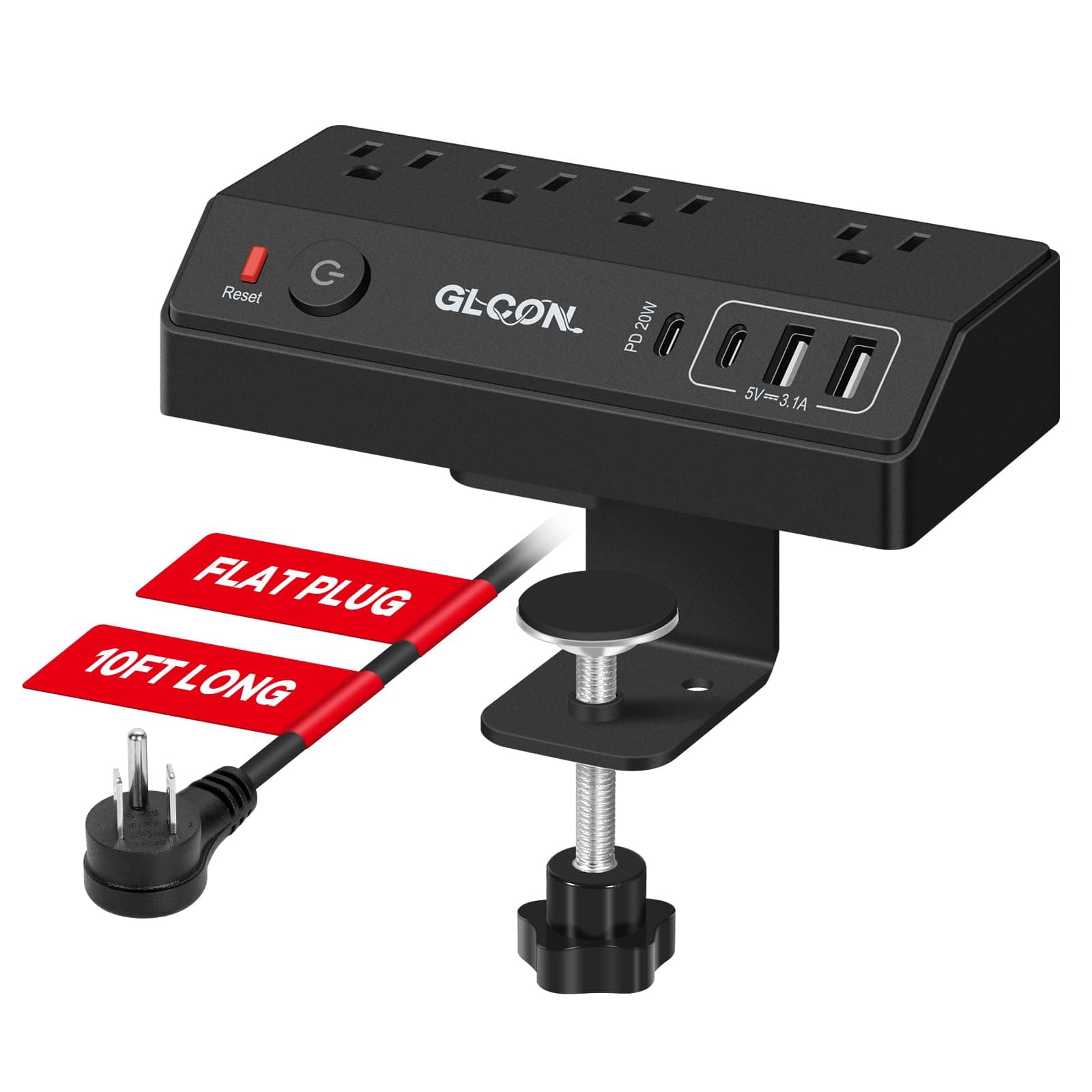 Desk Clamp Power Strip - 20W USB C Fast Charging Station - Desk Power Strip Flat Plug Extension Cord 10FT with 4 USB Ports + 4 Outlets - Desktop Mount Surge Protector - Fit 1.8" Tabletop Edge