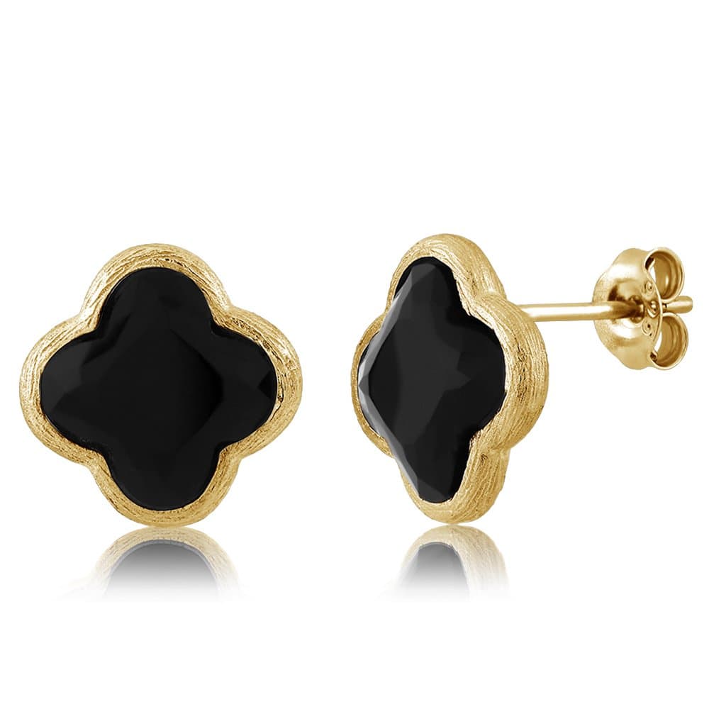 Gem Stone King 18K Gold Plated Sterling Silver Flower Shape Clover Designs Black Onyx Diamond Cut Stud Earrings For Women