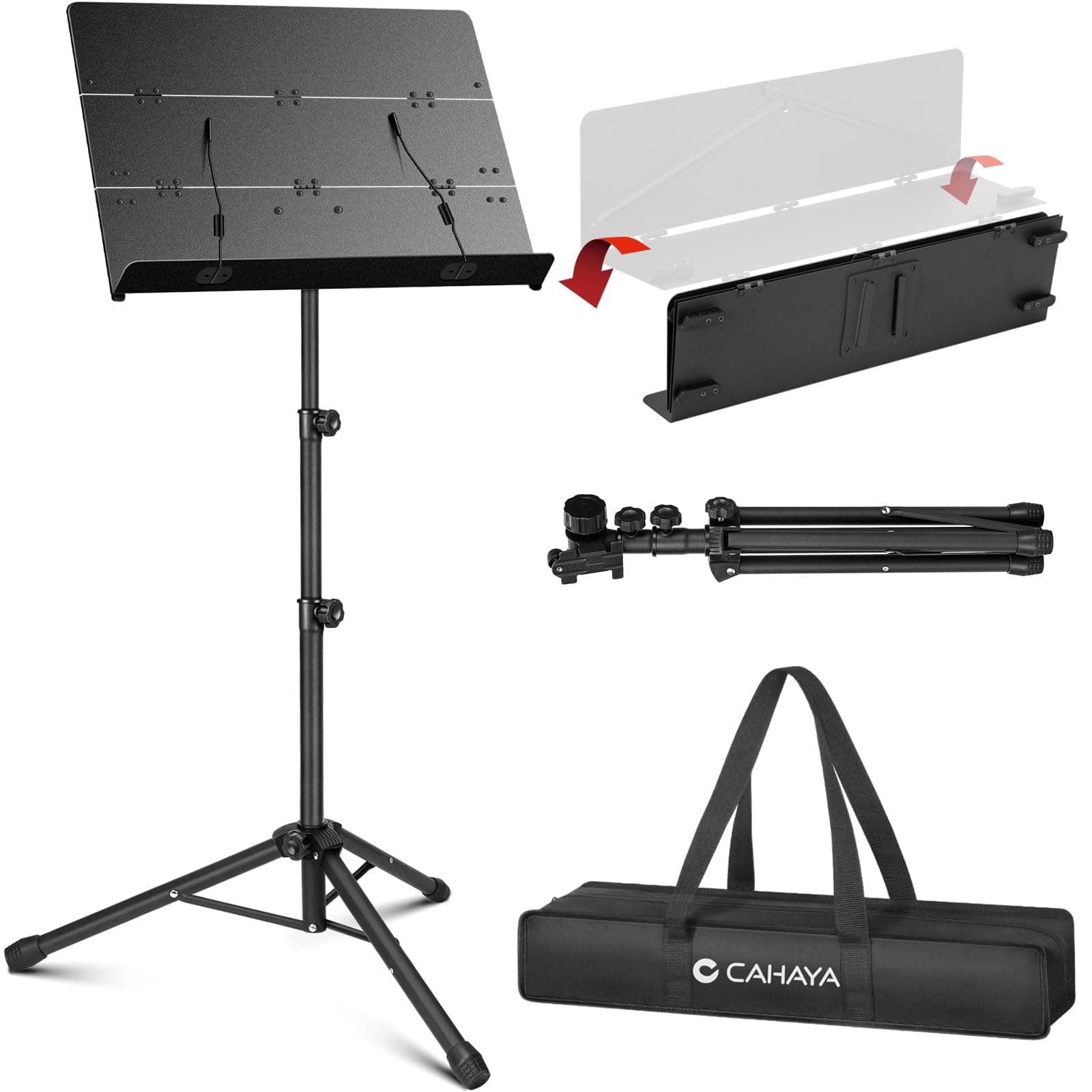 Foldable Sheet Music Stand with Tri-fold Panel Portable Music Stand with Carrying Bag Matte Frosted Metal Material Sturdy Height Adjustable CY0317