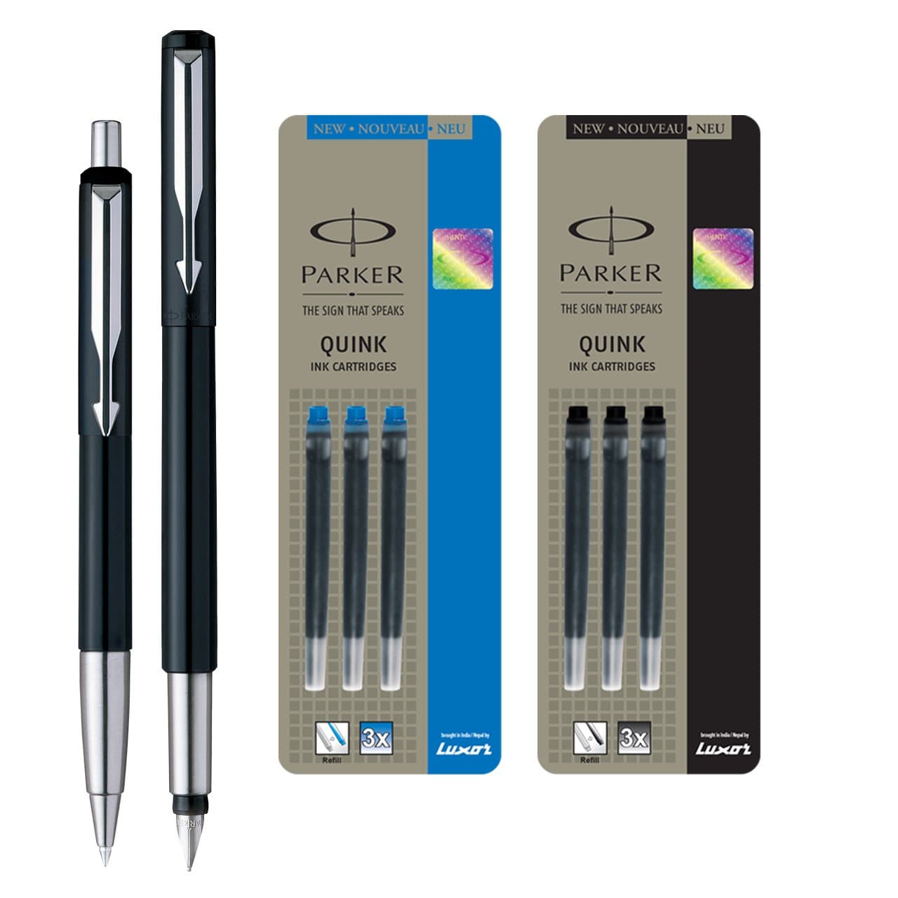 Parker Vector Standard Sets Fountain Pen + Ball Pen - Black + Quink Ink Cartridge - Black & Blue (Pack of 6)