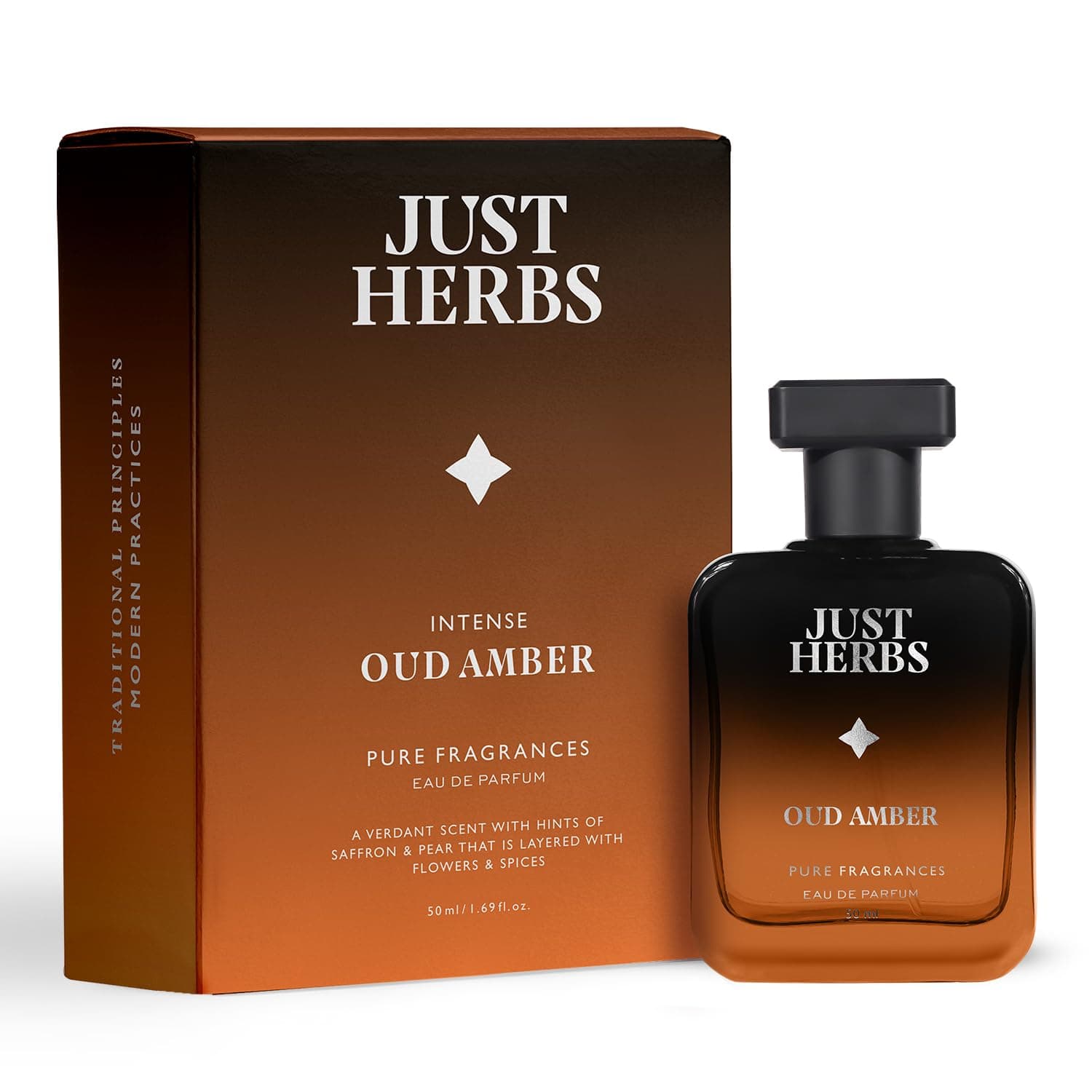 Just Herbs Intense Oud Amber Eau Da Parfum for Men 50 ml | Long Lasting Pure Fragrance Body Spray Mens Perfume with Flowers & Spices