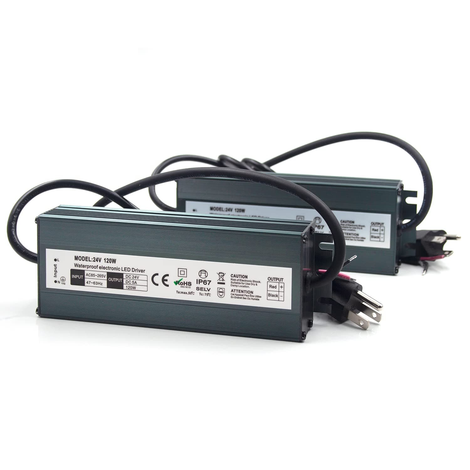 2 Pack LED Driver 24V 120W Waterproof IP67 Power Supply Transformer, 85-265V AC to 24V DC Low Voltage Output, LED Transformer with 3-Prong Plug Cable for LED Light, Computer Project, Outdoor Light