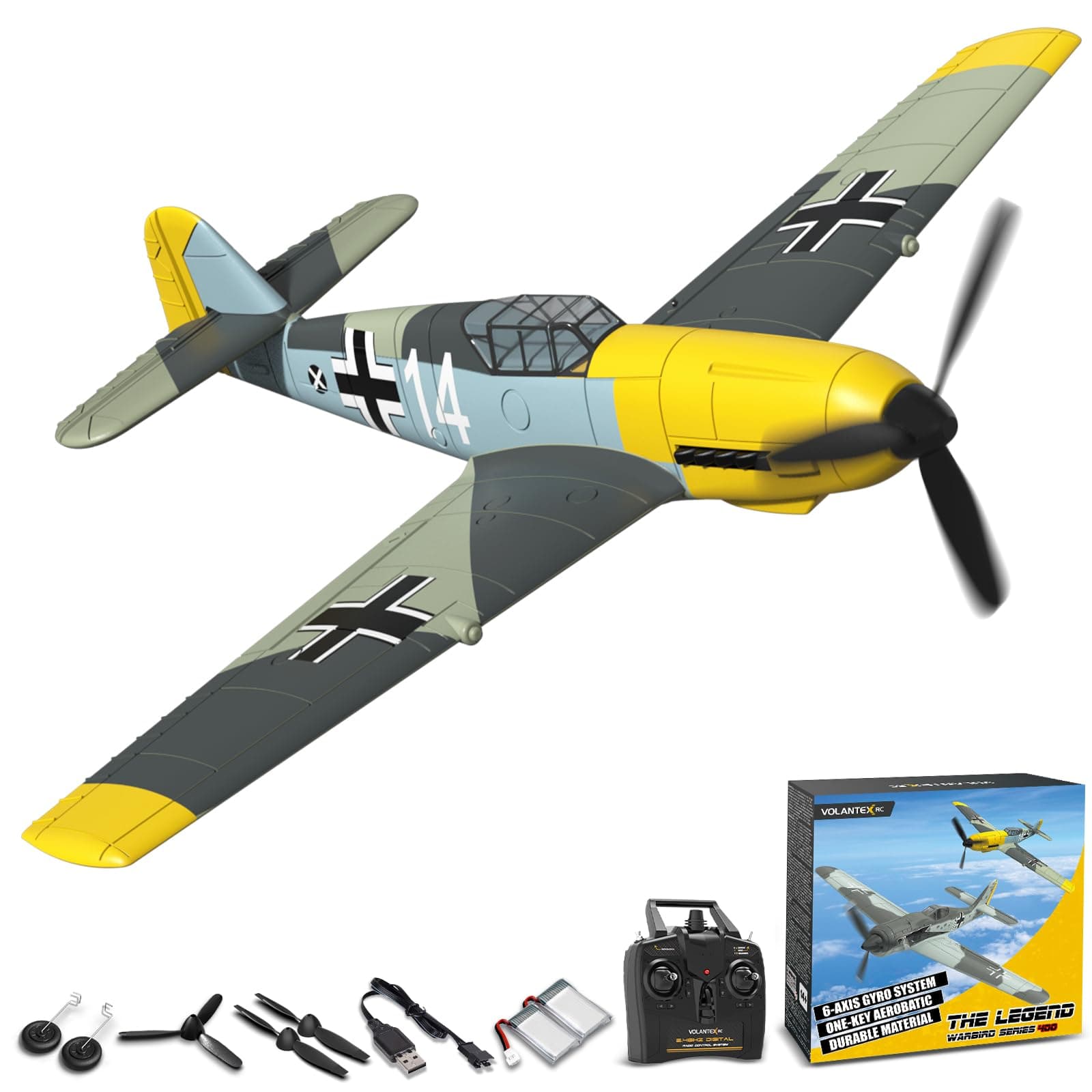 RC Plane, 4 Channel Remote Control Airplane BF109 Fighter RTF with Aileron, Gyro, Aerobatics & 3 Modes Easy to Fly, Hobby Radio Controlled Aircraft for Beginners & Adults (Yellow)