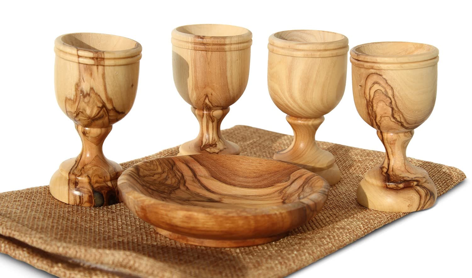 THE JERUSALEM GIFT SHOP SINCE 2004 Communion Cups/Cup/Chalice Set, Lord's Supper - Wooden Bread Tray with Four Medium-Sized Handmade Olive Wood Cups for Eucharist of Holy Communion