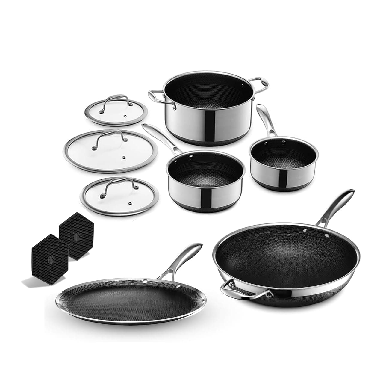 Hybrid Nonstick 10-Piece Cookware Set, 12" Wok, 12" Griddle, 2, 3, and 8Qt Pots with Lids, and 2 Silicone Trivets, Stay-Cool Handles, Dishwasher and Oven-Safe, Induction Ready