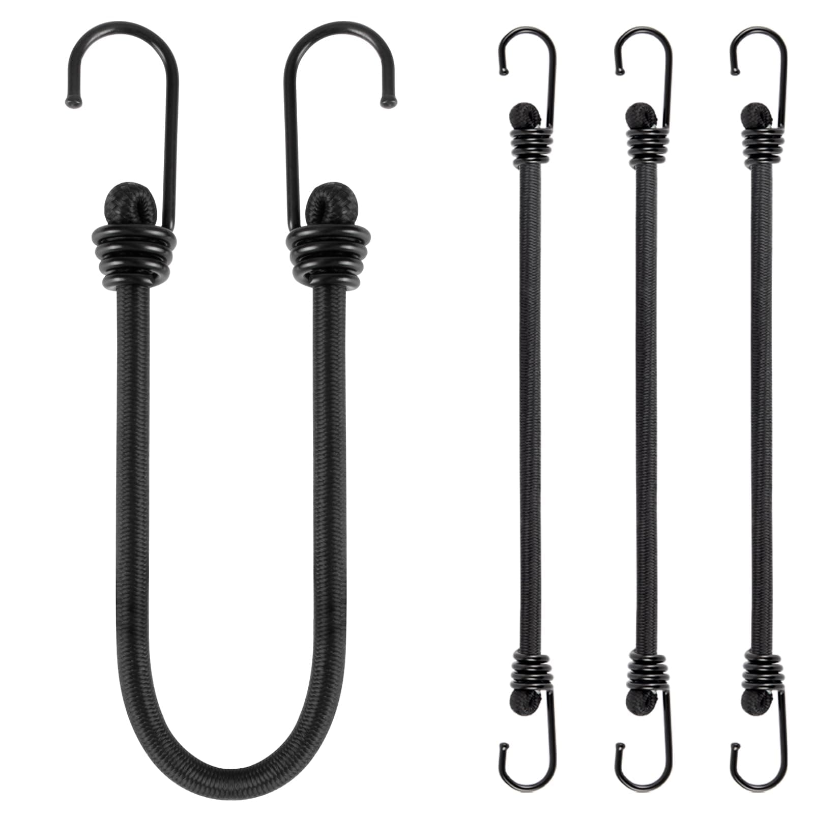 12 Inch Small Bungee Cord with Hooks-Black Bungee Cords Heavy Duty Outdoor Bungee Straps with Hooks for Camping, Tarps, Tents, Hiking,Hunting,Trucks and Boats (4 Pack)